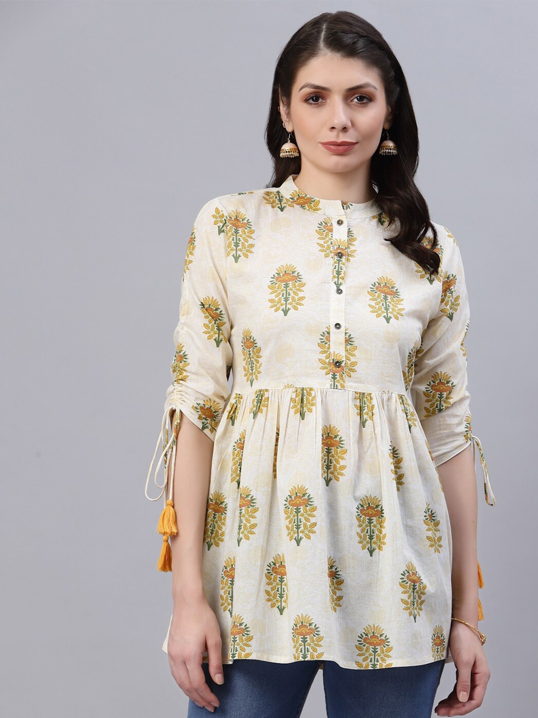 

Ragavi Women Yellow & Off White Floral Print Mandarin Collar Longline Top