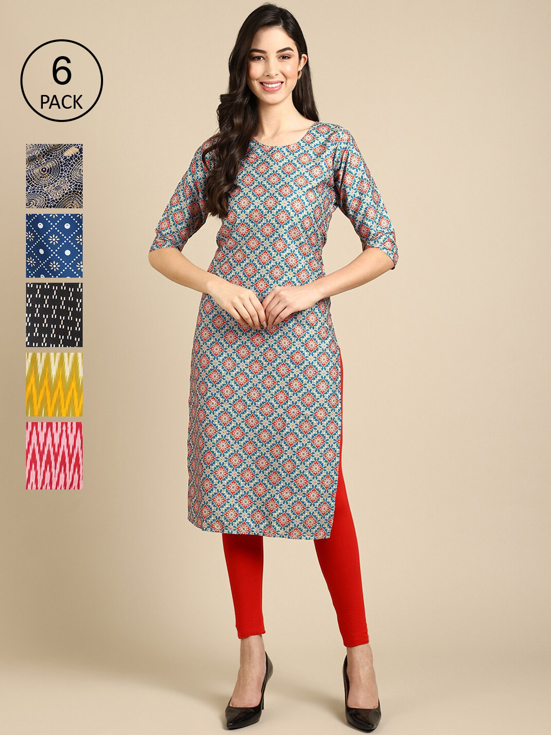 

Ethnic basket Women Pack of 6 Geometric Printed Summer Sheers Crepe Kurta, Red