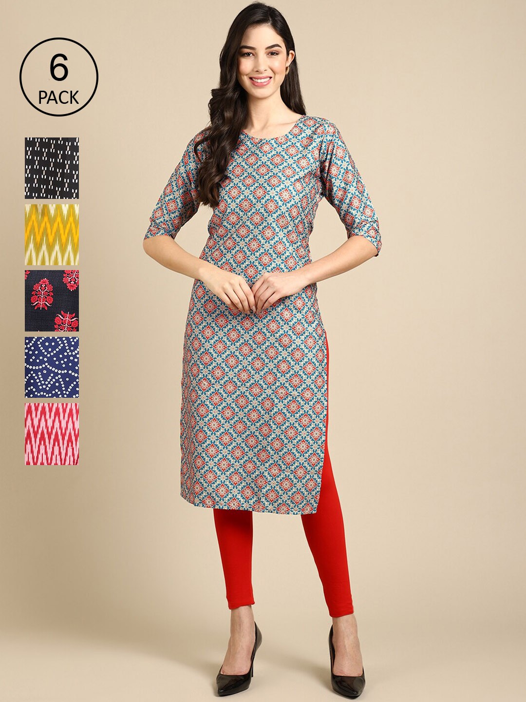 

Ethnic basket Women Pack Of 6 Ethnic motifs Printed Crepe Kurta, Multi