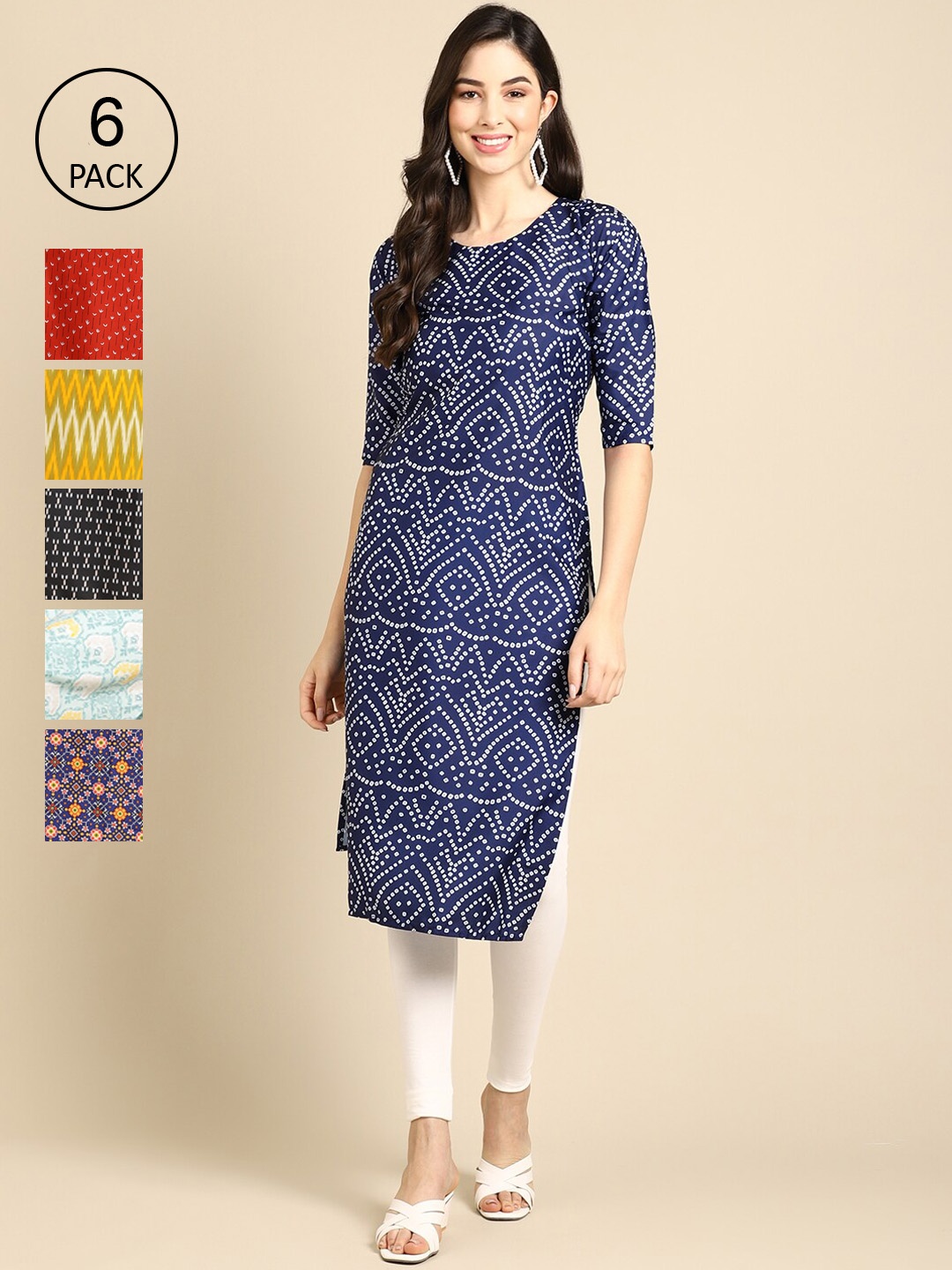 

Ethnic basket Women Pack Of 6 Multicoloured Ethnic motifs Printed Crepe Kurta, Multi
