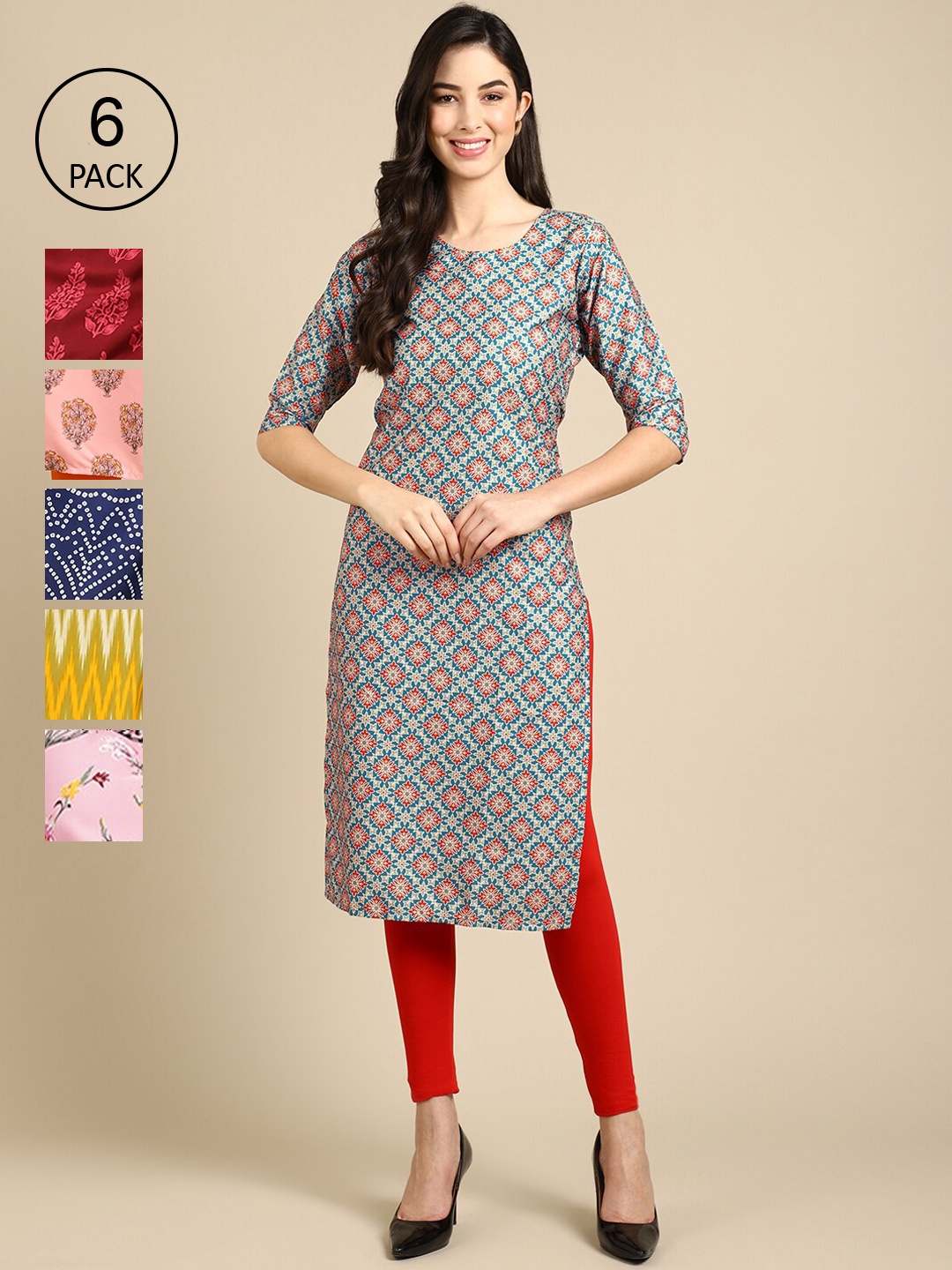 

Ethnic basket Women Pack Of 6 Multicoloured Ethnic motifs Printed Crepe Kurta, Multi