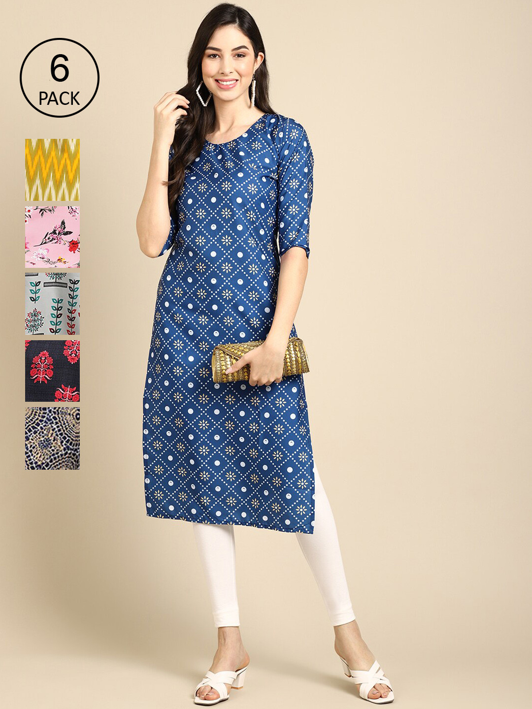 

Ethnic basket Women Pack Of 6 Printed Crepe Kurta, Multi