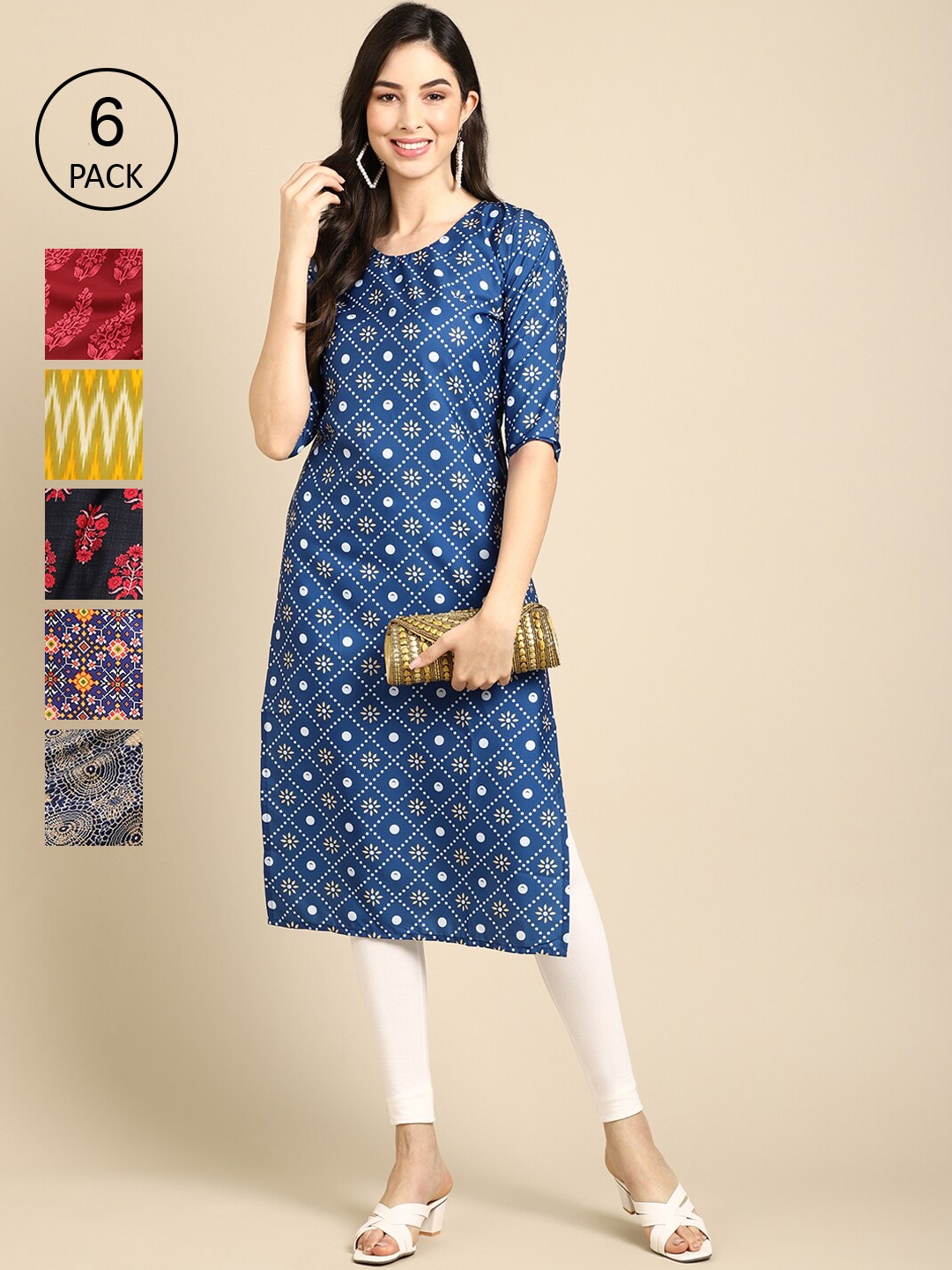 

Ethnic basket Women Pack Of 6 Printed Crepe Kurta, Multi