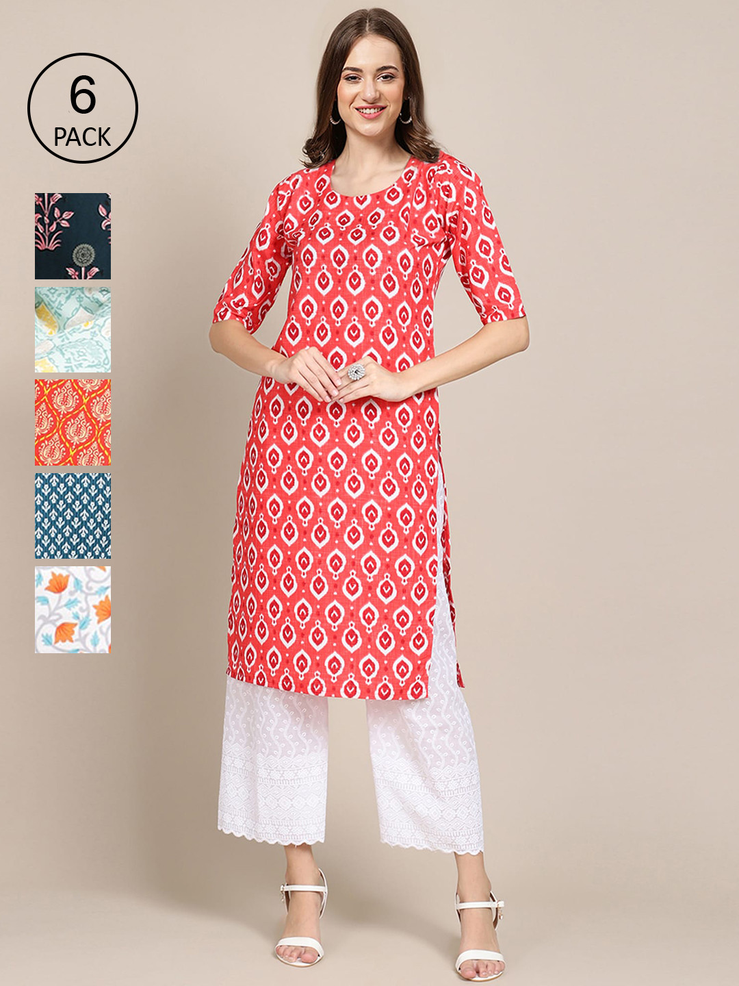 

Ethnic basket Women Pack of 6 Floral Printed Summer Sheers Crepe Kurtas, Red