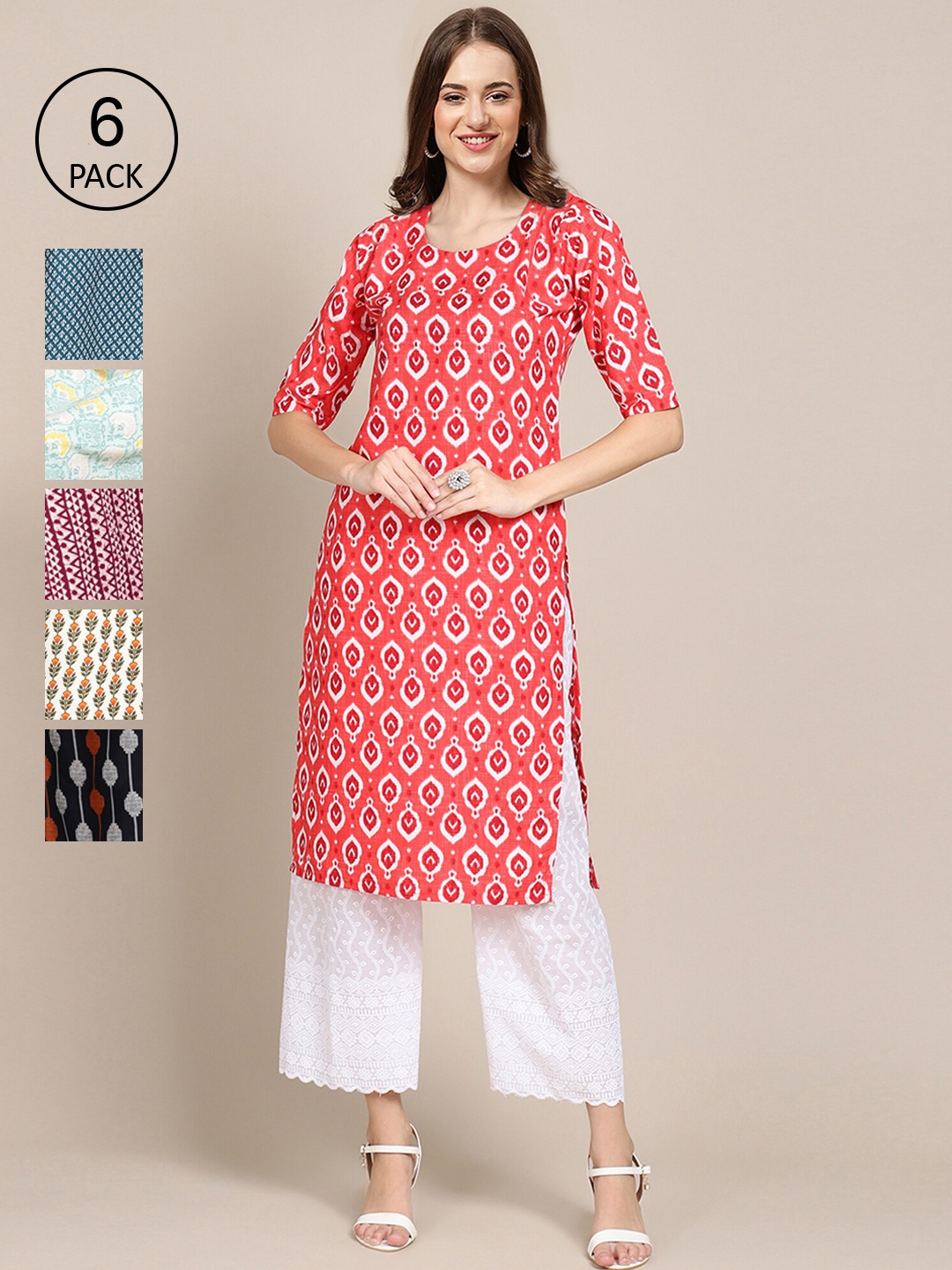 

Ethnic basket Pack Of 6 Women Printed Straight Crepe Kurta, White