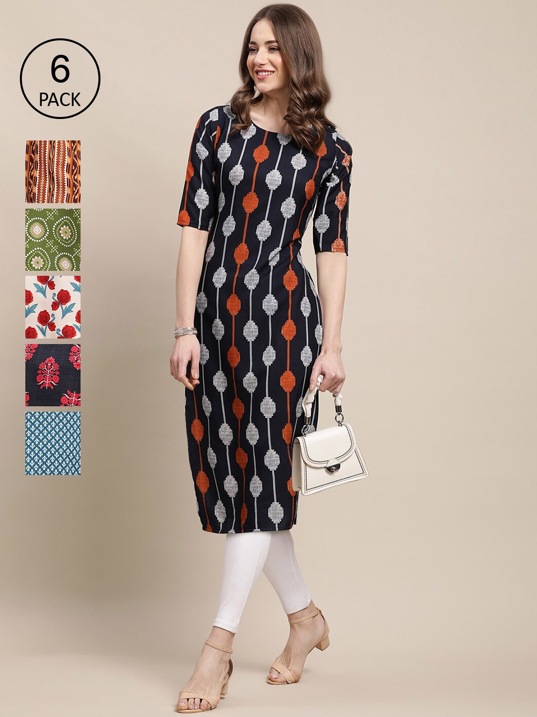 Ethnic basket Pack Of 6 Women Printed Straight Crepe Kurta, Black