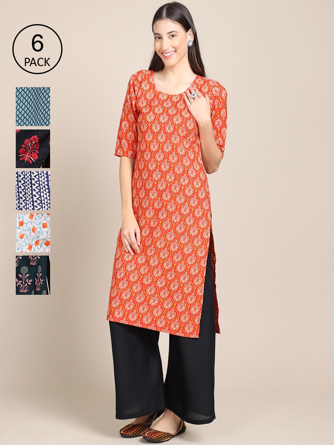 

Ethnic basket Pack Of 6 Women Printed Straight Crepe Kurta, White