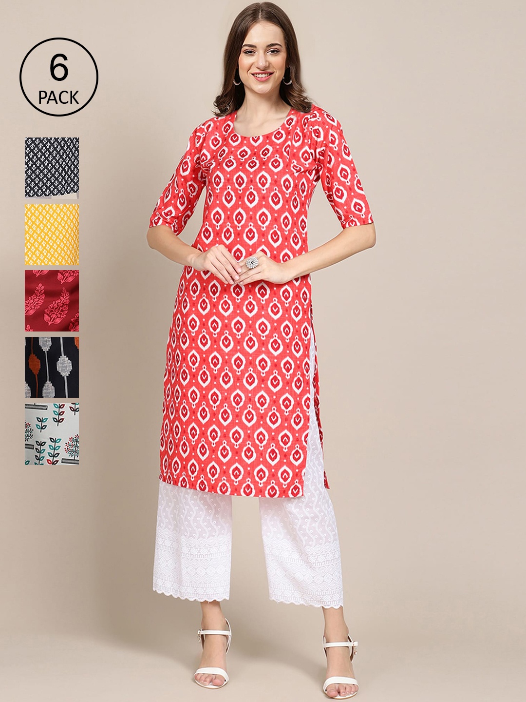 

Ethnic basket Women Pack Of 6 Printed Crepe Straight Kurta, Black