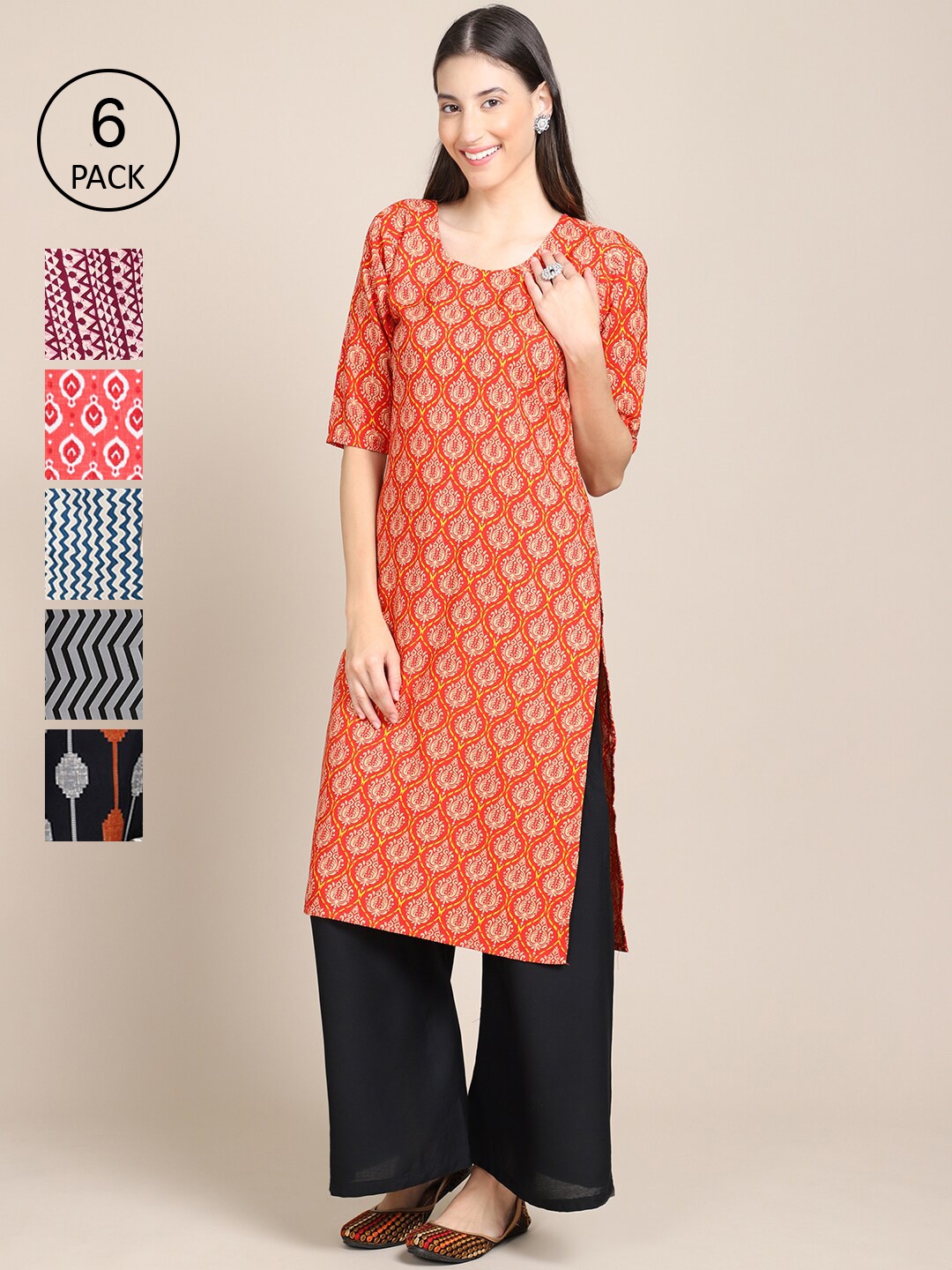 

Ethnic basket Women Pack Of 6 Printed Crepe Straight Kurta, Orange