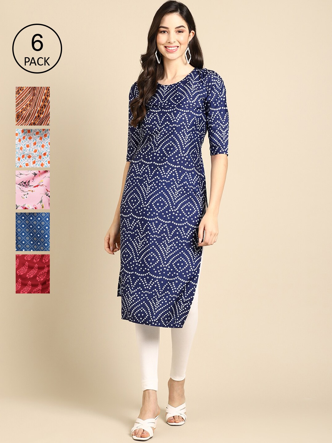 Ethnic basket Women Pack Of 6 Printed Crepe Straight Kurta, Blue