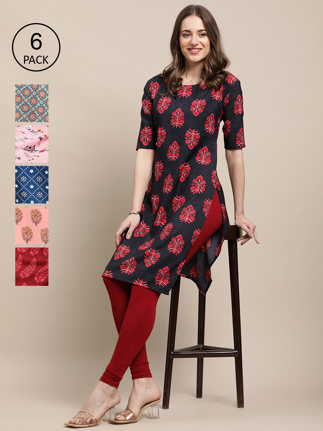 

Ethnic basket Women Multicoloured Pack Of 6 Ethnic Motifs Printed Crepe Kurta, Multi