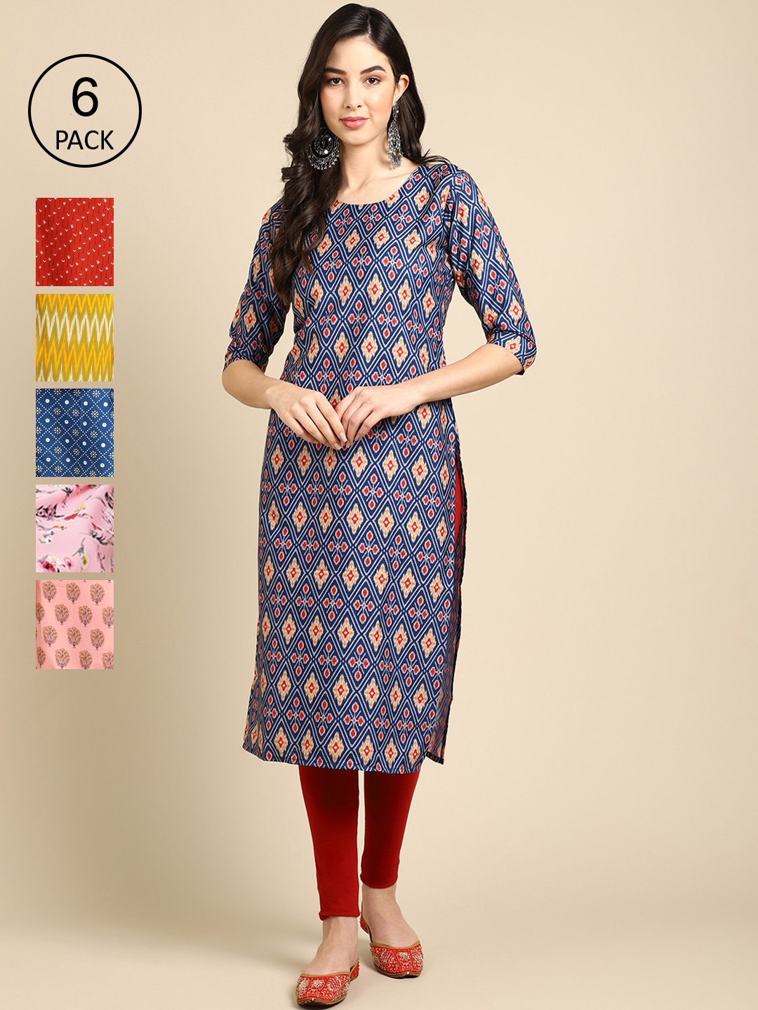 

Ethnic basket Pack of 6 Women Red & Peach Coloured Floral Printed Summer Sheer Crepe Kurta