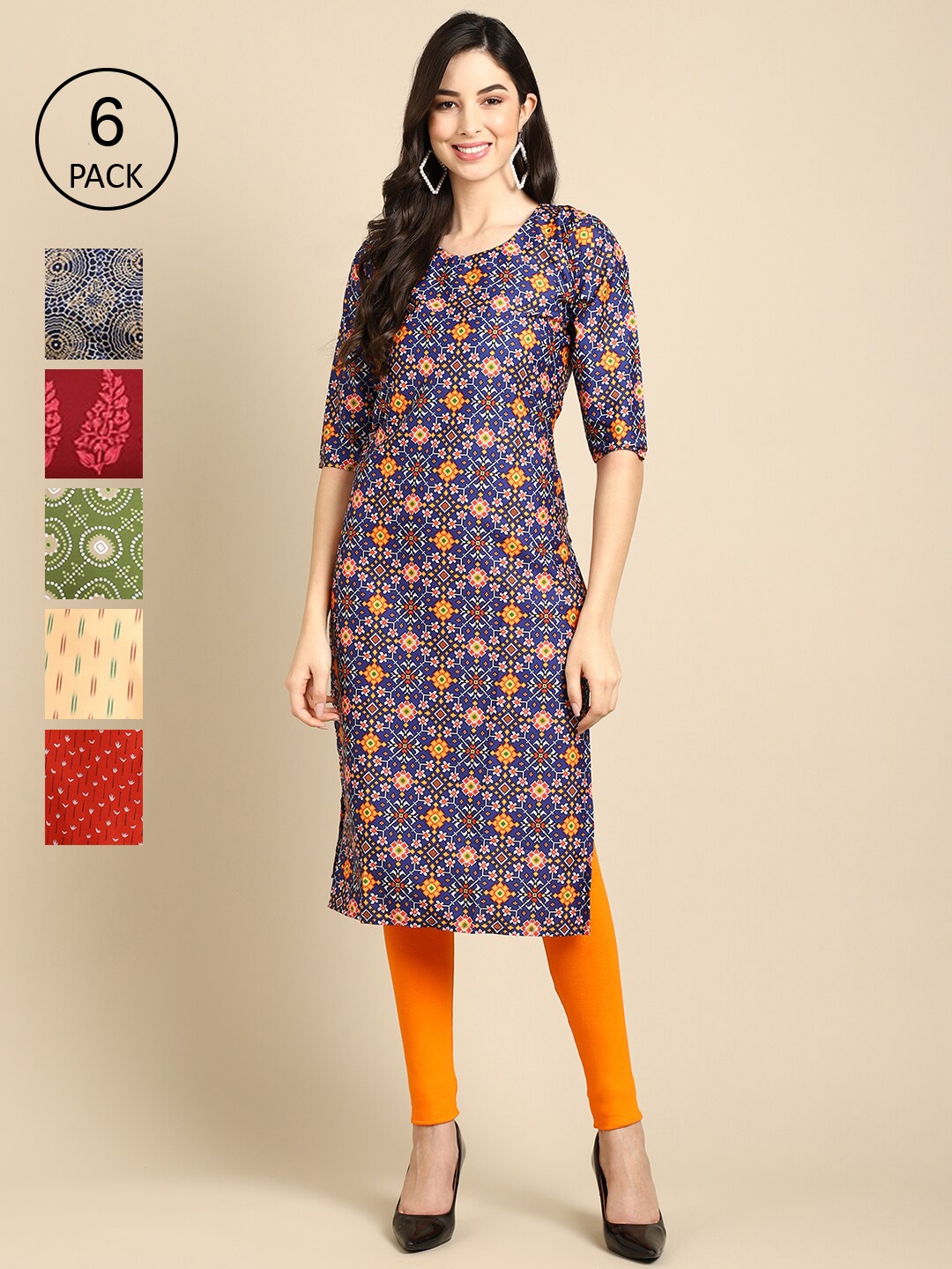 

Ethnic basket Women Red & Blue Ethnic Motifs Printed Summer Sheers Crepe Kurta