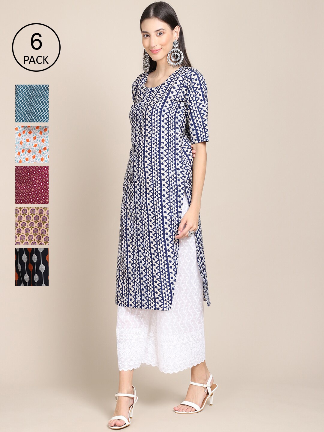 

Ethnic basket Women Pack of 6 Digital Printed Crepe Straight Kurtas, Blue