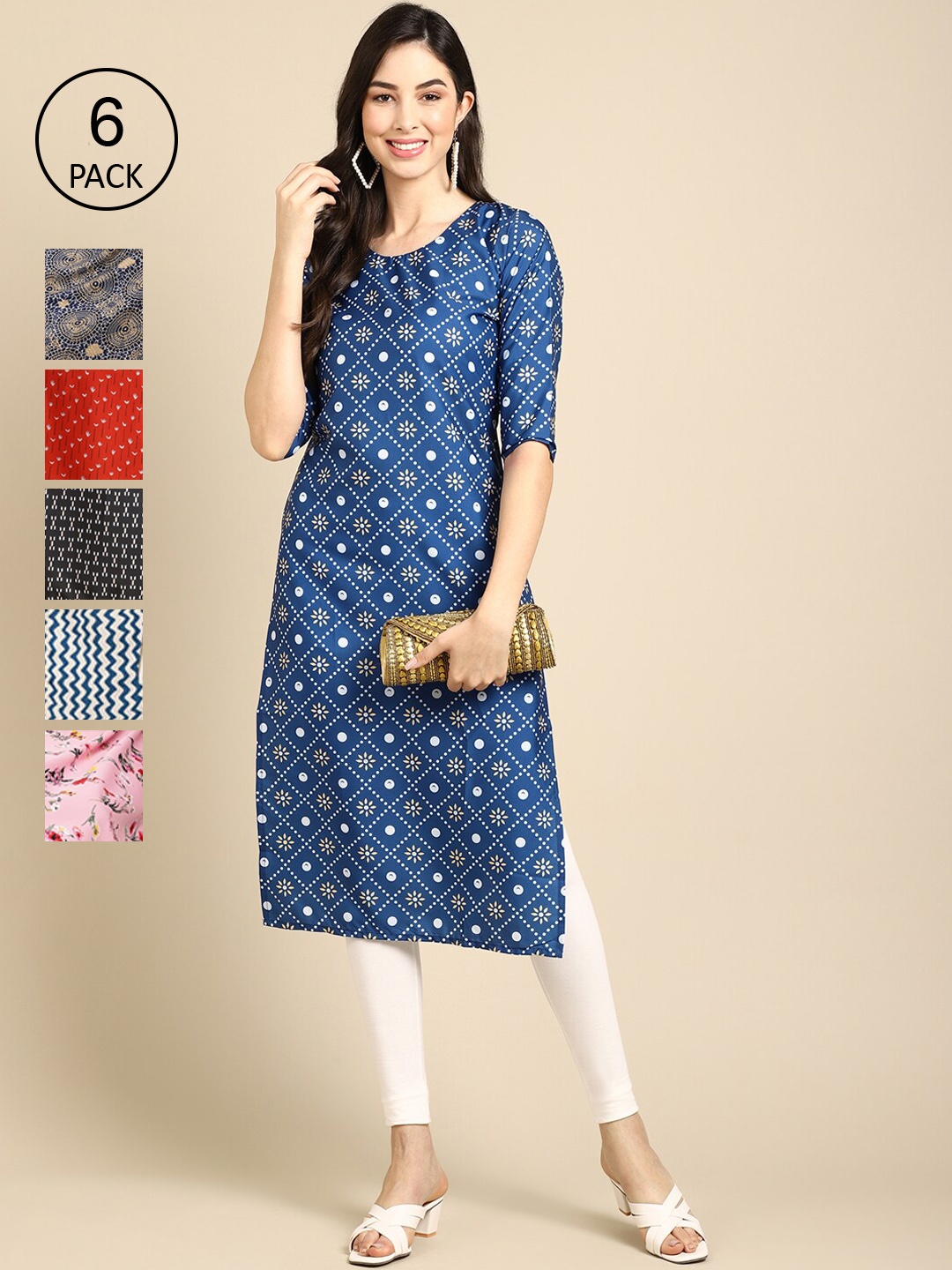 

Ethnic basket Women Pack of 6 Digital Printed Crepe Straight Kurtas, Blue