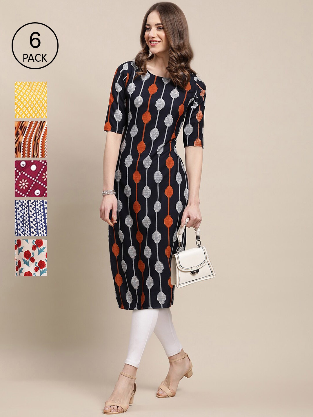 

Ethnic basket Women Black & Yellow Pack Of 6 Geometric Printed Summer Sheers Crepe Kurta