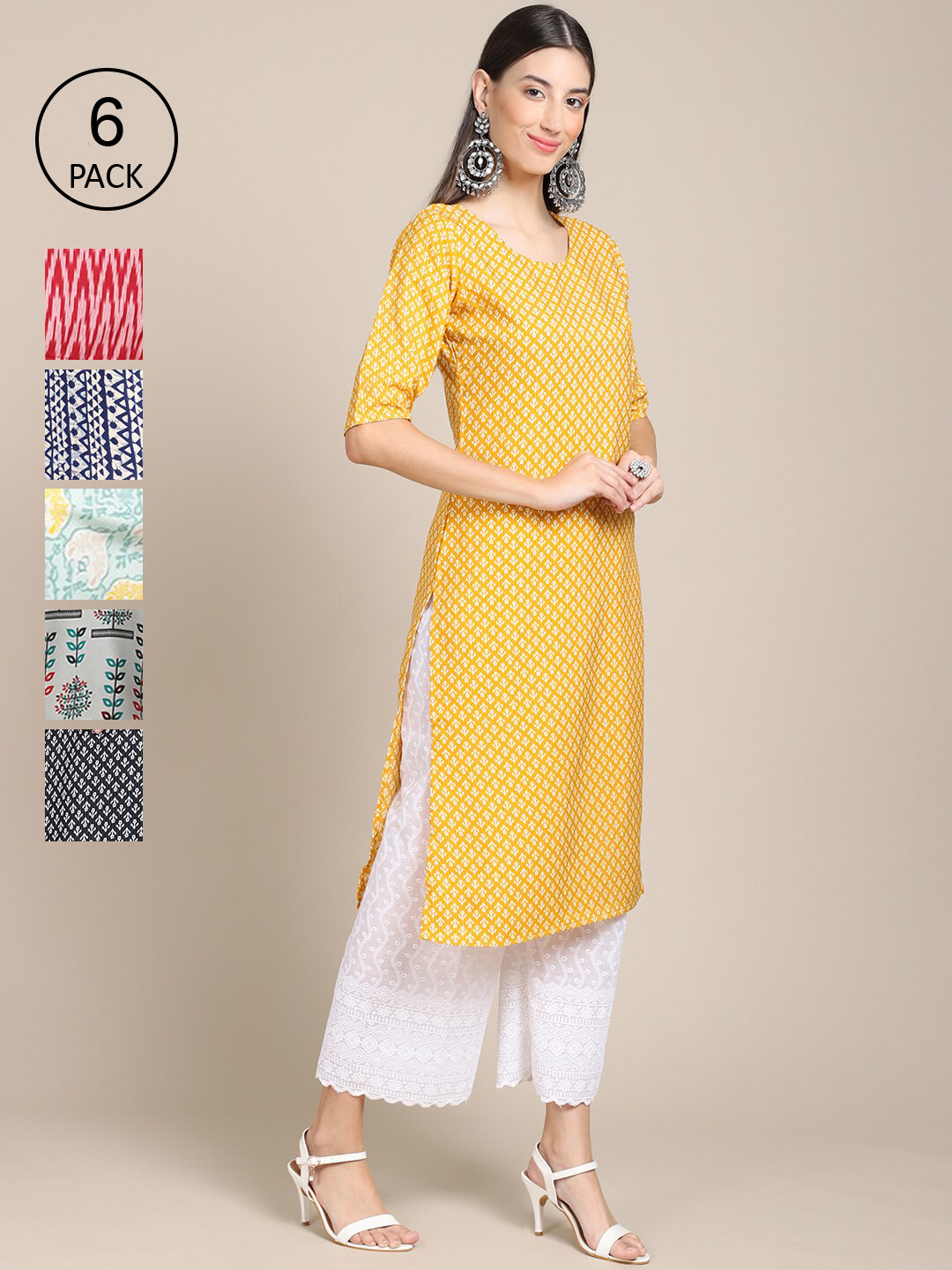 

Ethnic basket Women Yellow & Blue Pack Of 6 Geometric Printed Summer Sheers Crepe Kurta