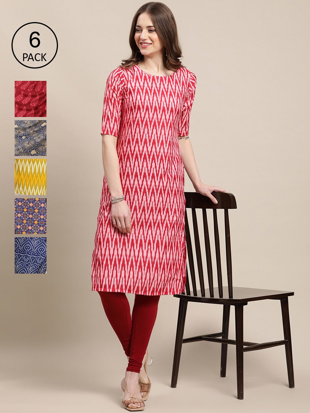 

Ethnic basket Pack of 6 Women Pink & Yellow Geometric Printed Crepe Kurta