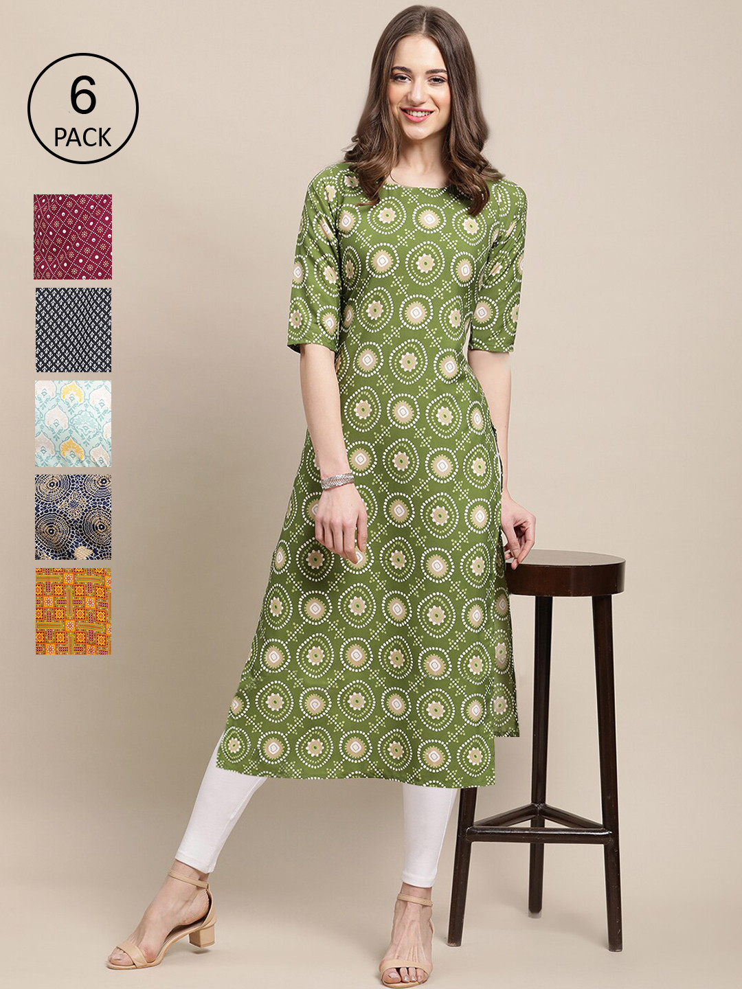 

Ethnic basket Pack Of 6 Women Green & Red Printed Crepe Kurta