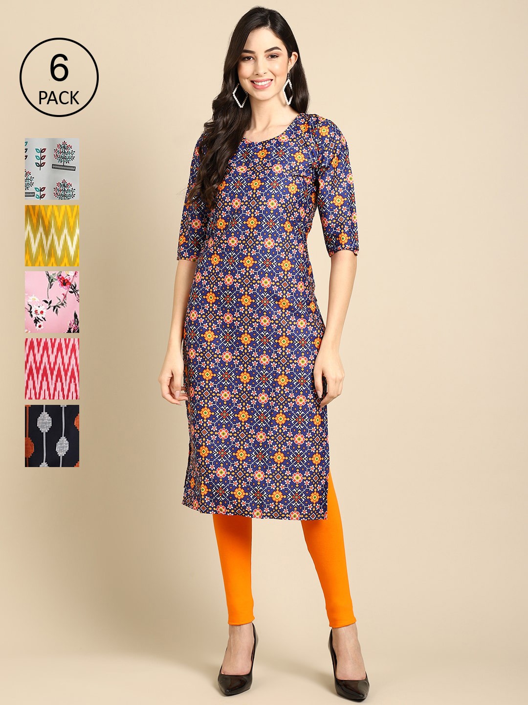 

Ethnic basket Women Pack Of 6 Blue & Yellow Printed Crepe Kurta
