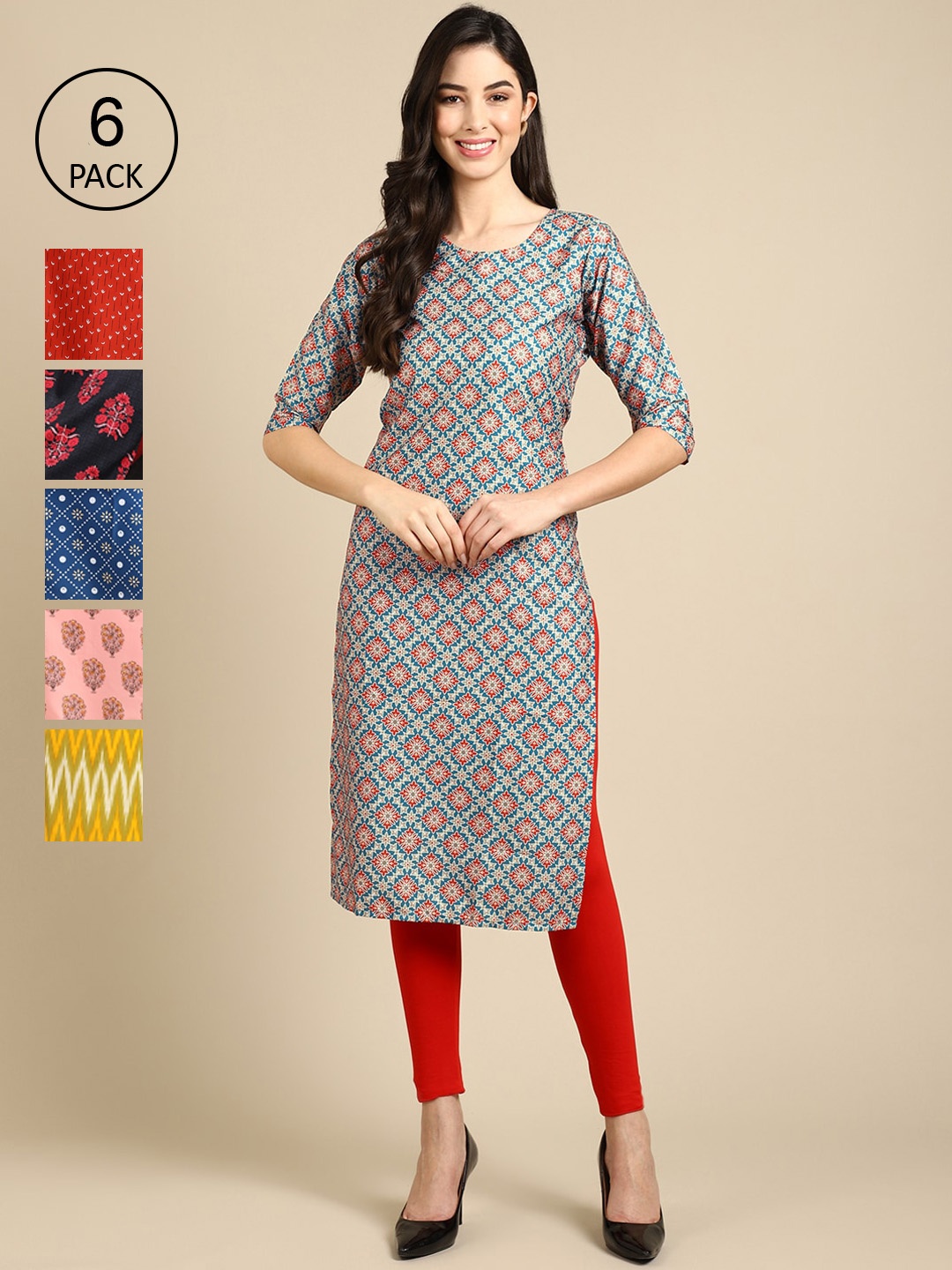 

Ethnic basket Women Multicoloured Pack Of 6 Geometric Printed Crepe Kurta, Multi