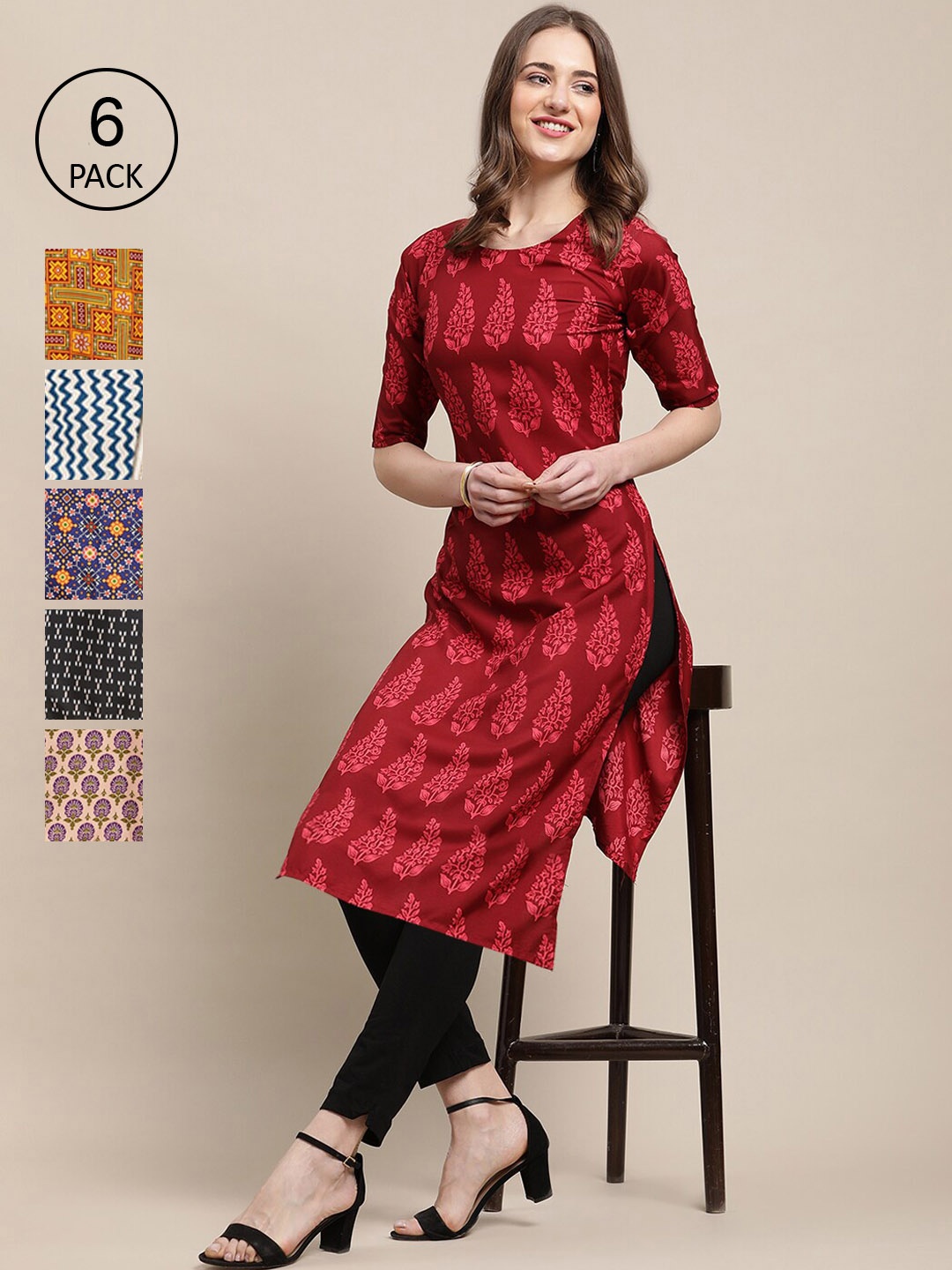 

Ethnic basket Women Pack of 6 Crepe Kurta, Red