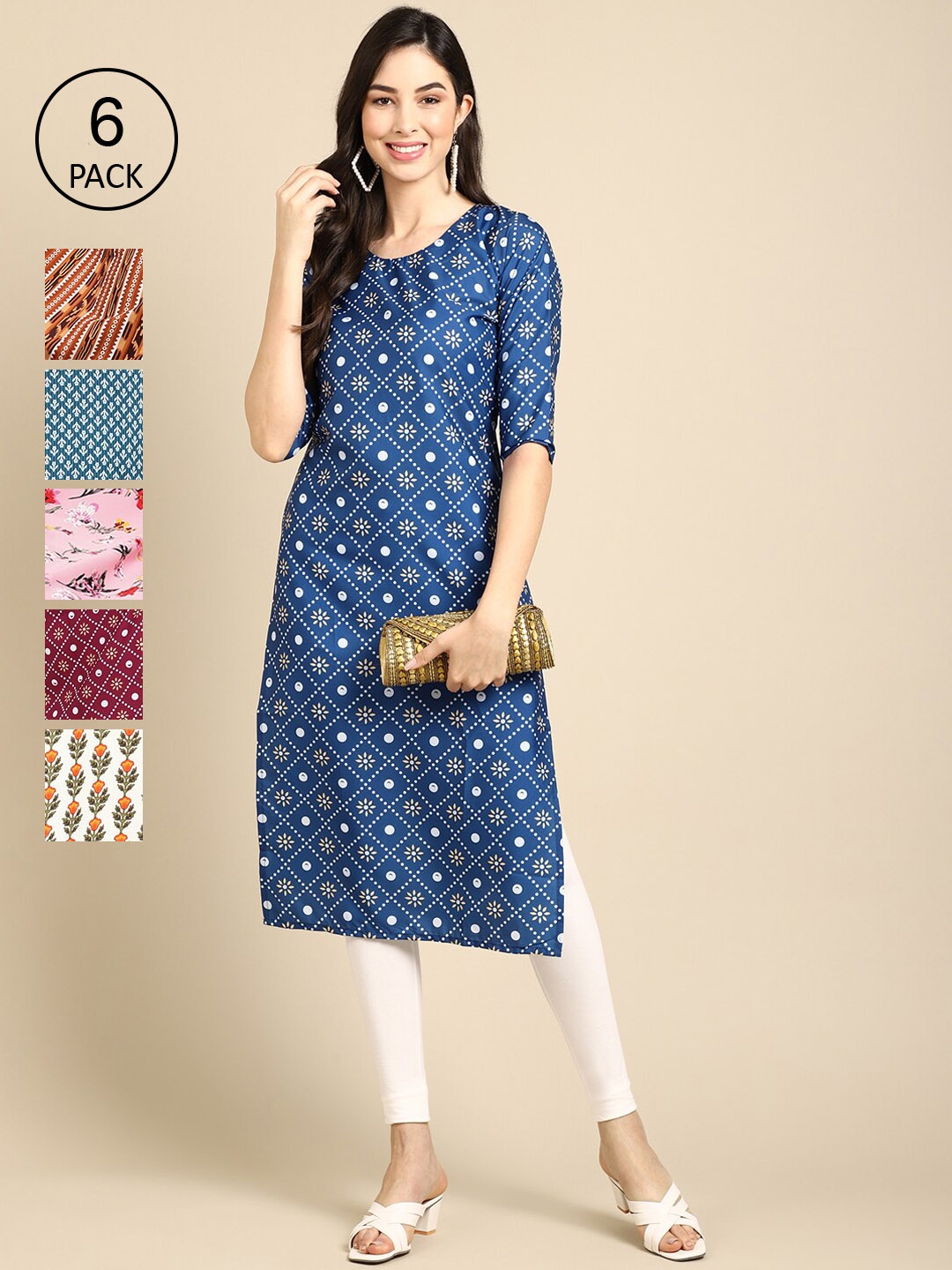 Ethnic basket Women Pack of 6 Crepe Kurta, Blue
