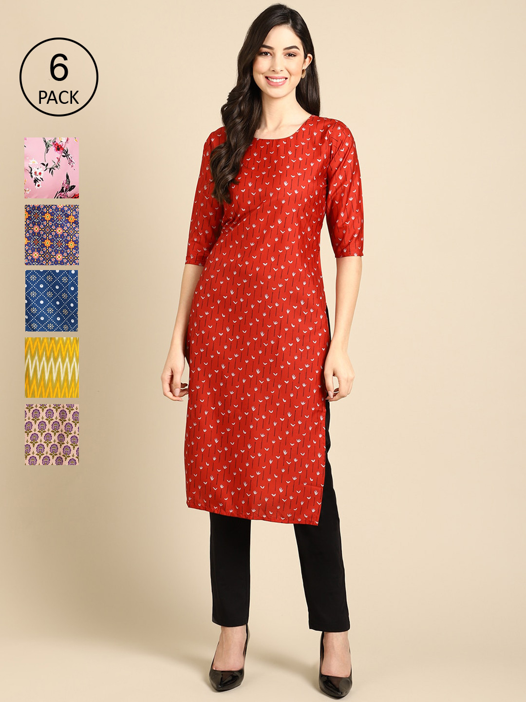 

Ethnic basket Women Pack Of 6 Ethnic Motifs Printed Summer Sheers Crepe Kurta, Yellow