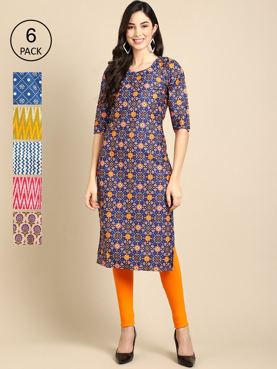 

Ethnic basket Women Pack of 6 Ethnic Motifs Printed Summer Sheers Crepe Kurta, Blue