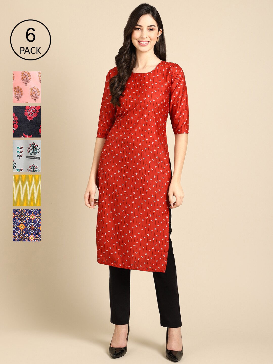 

Ethnic basket Women Pack of 6 Ethnic Motifs Crepe Kurta, Red
