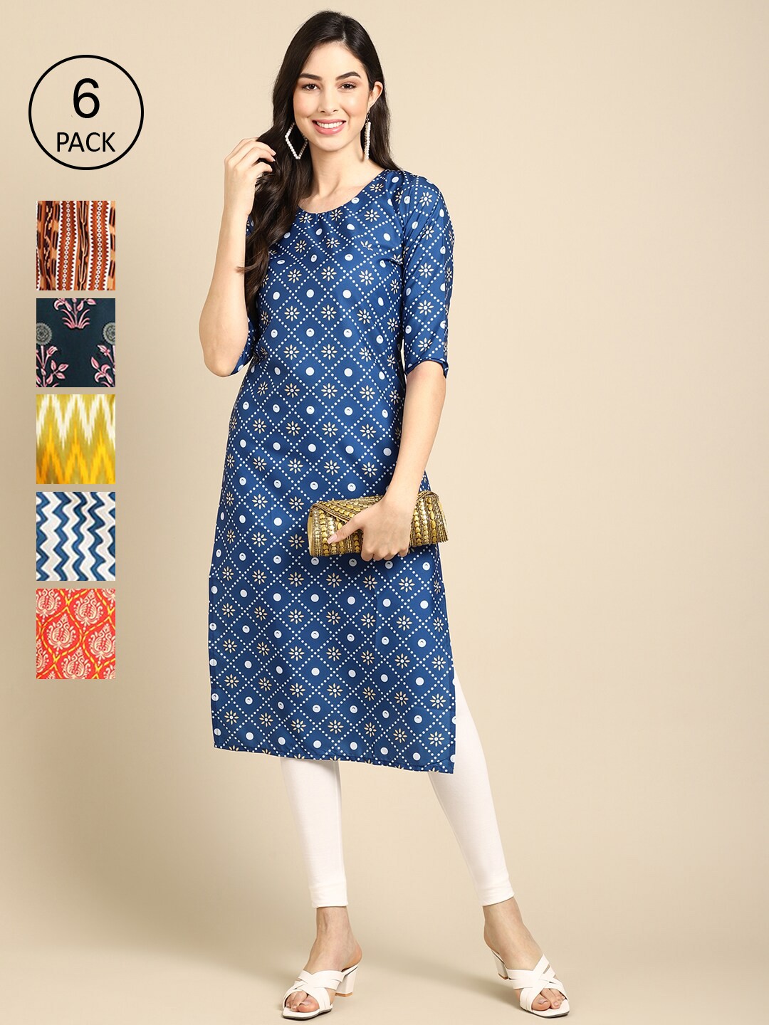 

Ethnic basket Women Pack of 6 Geometric Printed Summer Sheers Crepe Kurta, Blue
