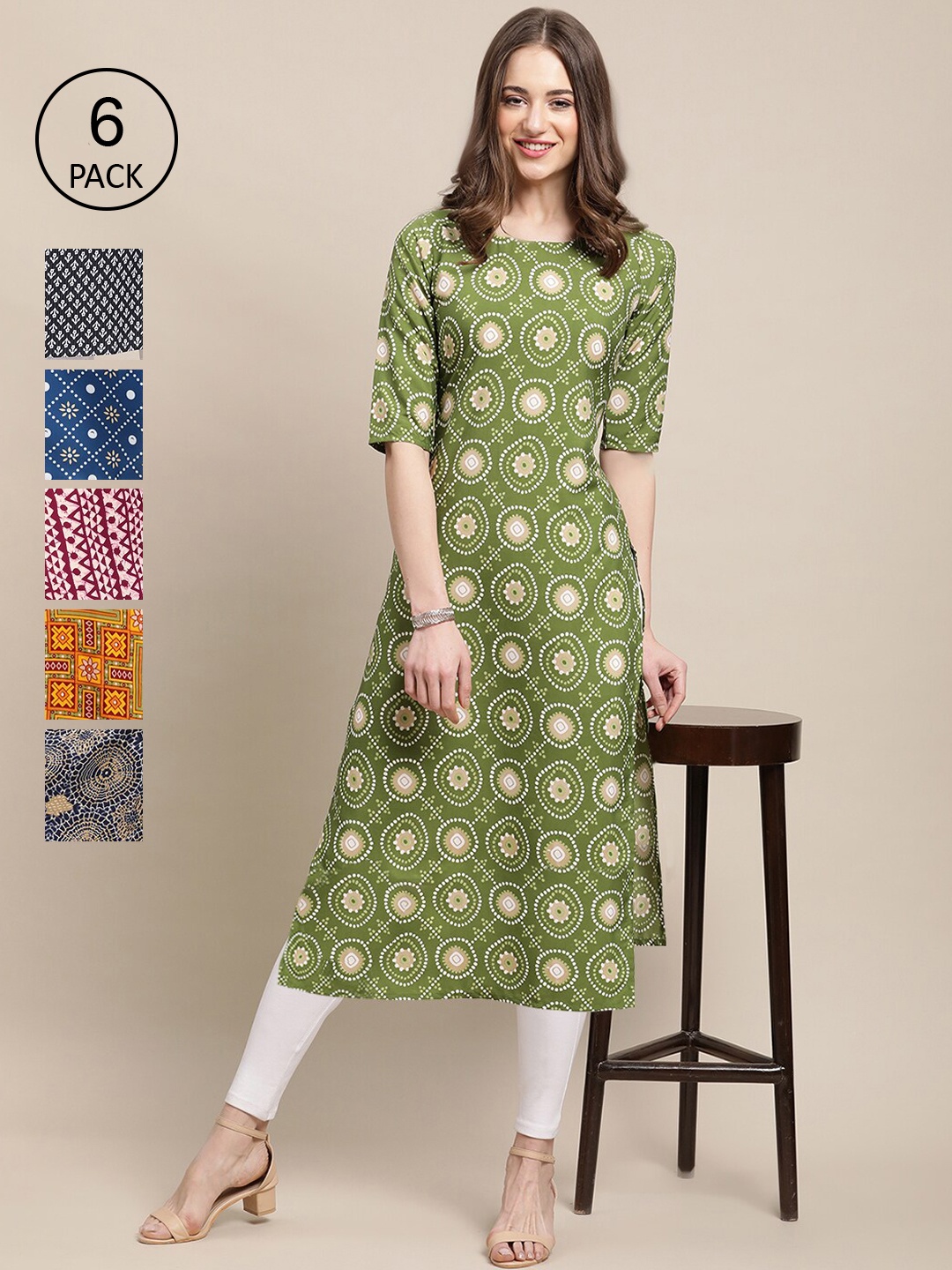 

Ethnic basket Women Pack of 6 Geometric Printed Summer Sheers Crepe Kurta, Blue