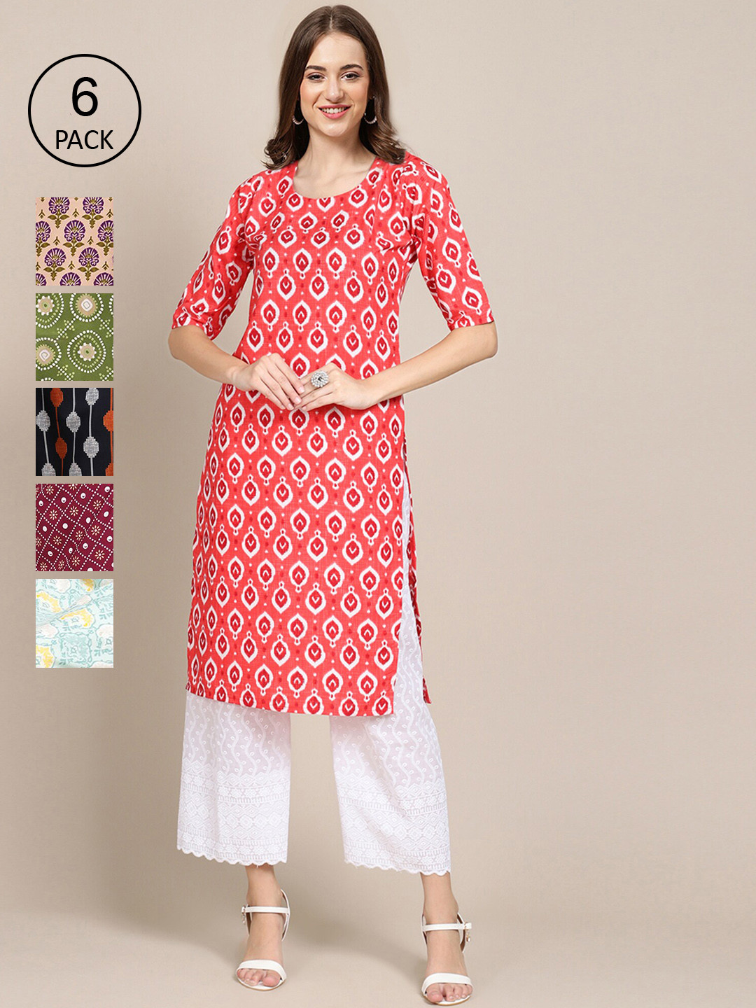 

Ethnic basket Women Pack Of 6 Summer Sheers Crepe Kurta, Pink