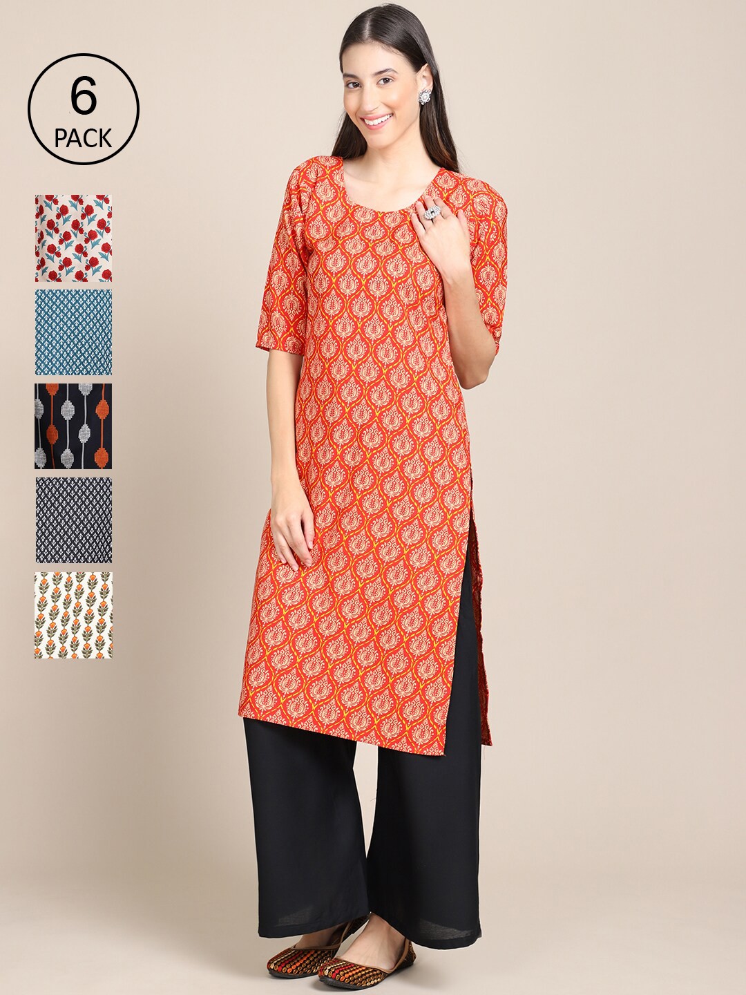 

Ethnic basket Women Orange & Blue Pack Of 6 Geometric Printed Crepe Kurtas