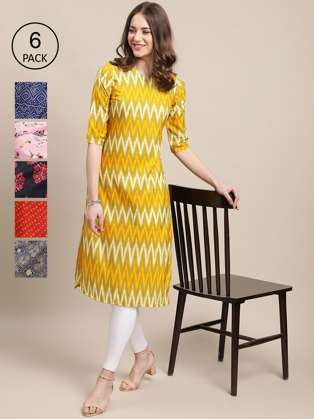 

Ethnic basket Pack Of 6 Women Printed Crepe Kurta, Yellow
