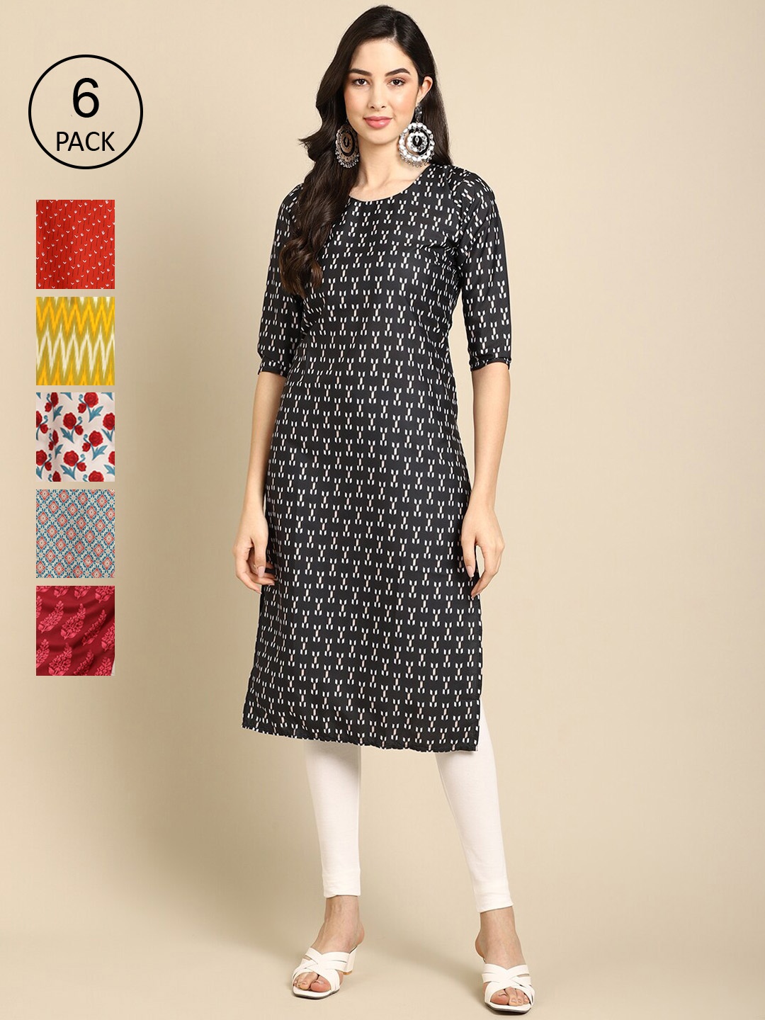 

Ethnic basket Pack of 6 Women Printed Straight Crepe Kurta, Multi