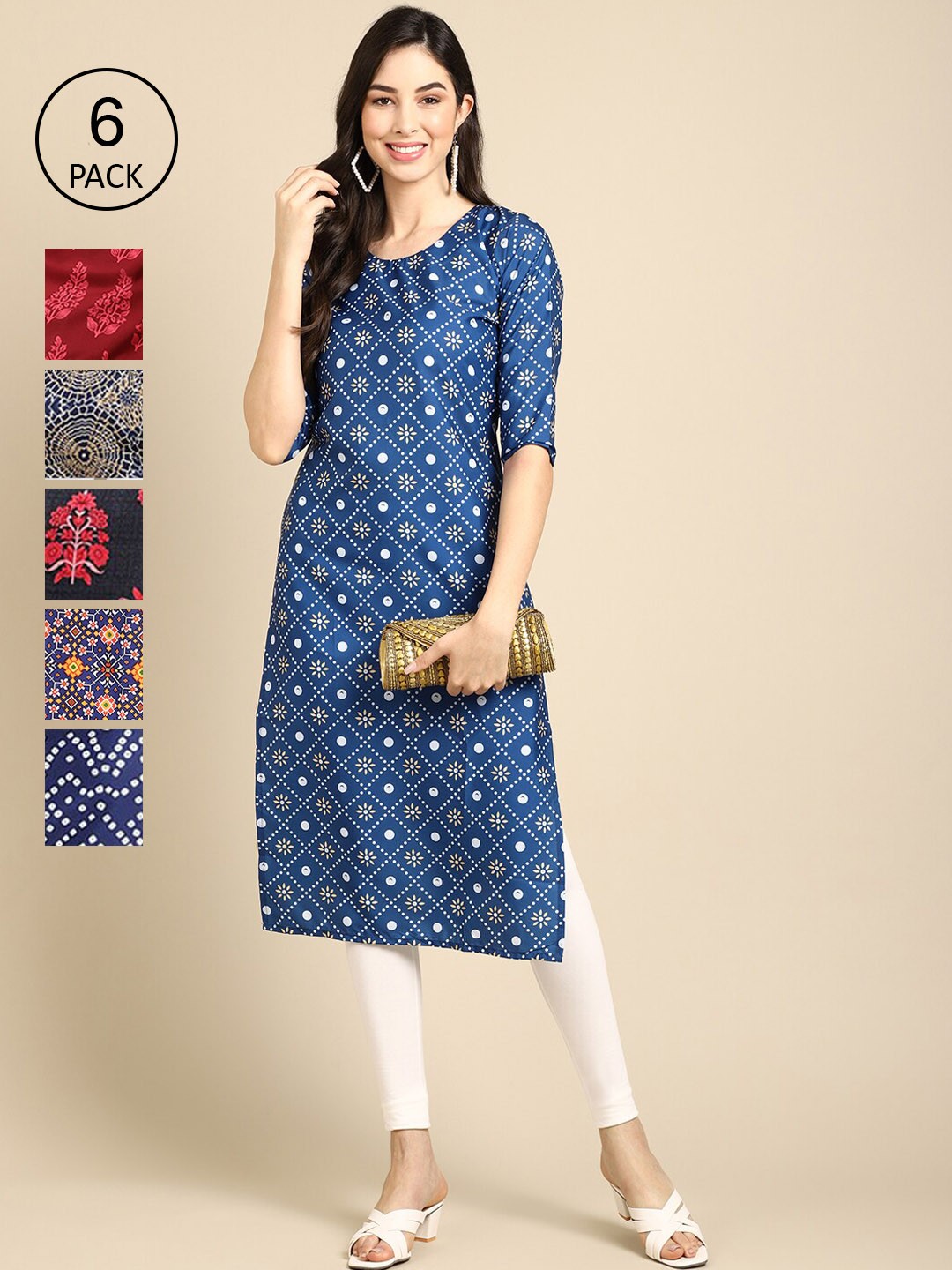 

Ethnic basket Pack of 6 Women Printed Straight Crepe Kurta, Blue