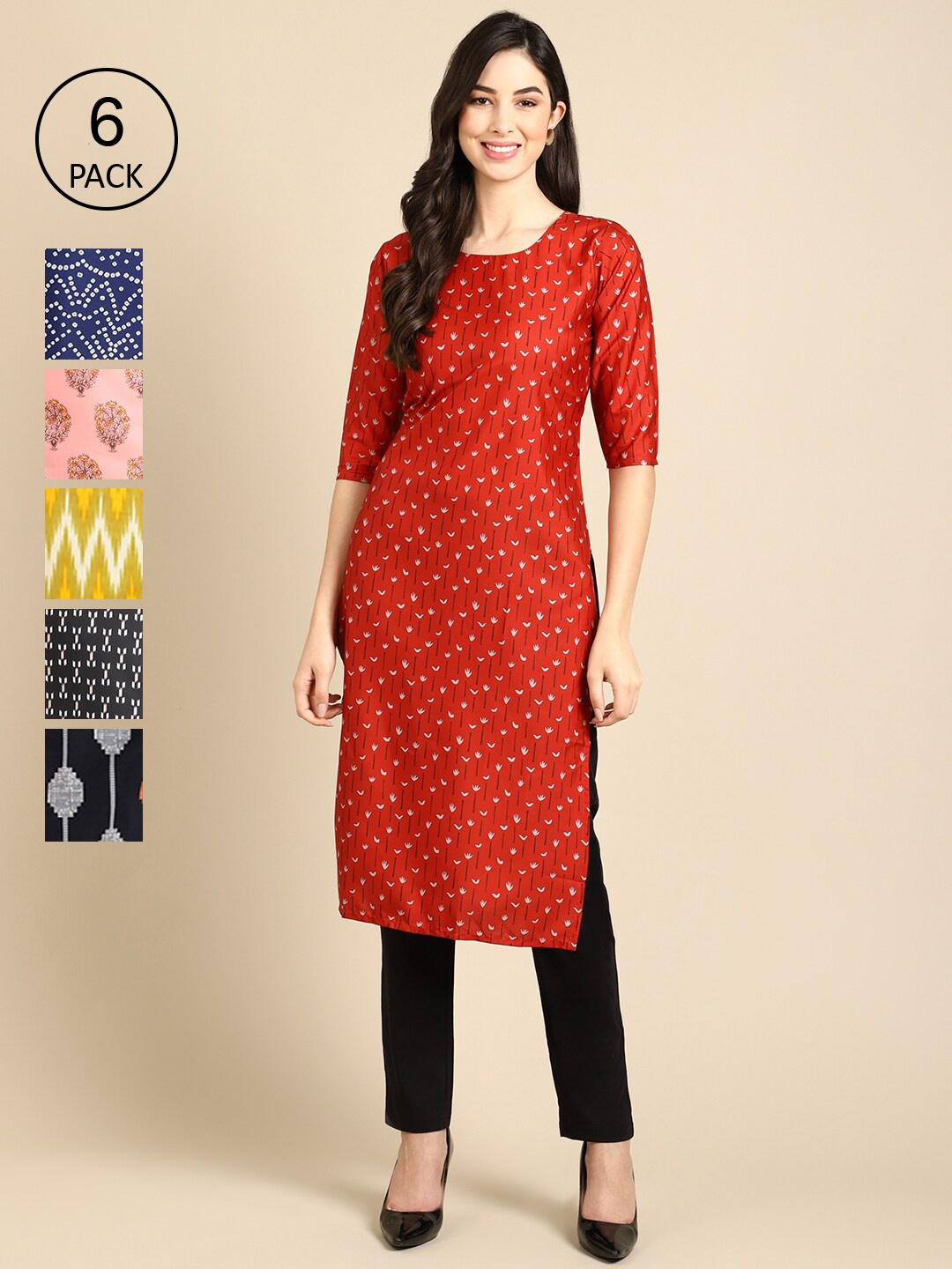 

Ethnic basket Women Pack Of 6 Multicoloured Geometric Printed Crepe Kurta, Multi