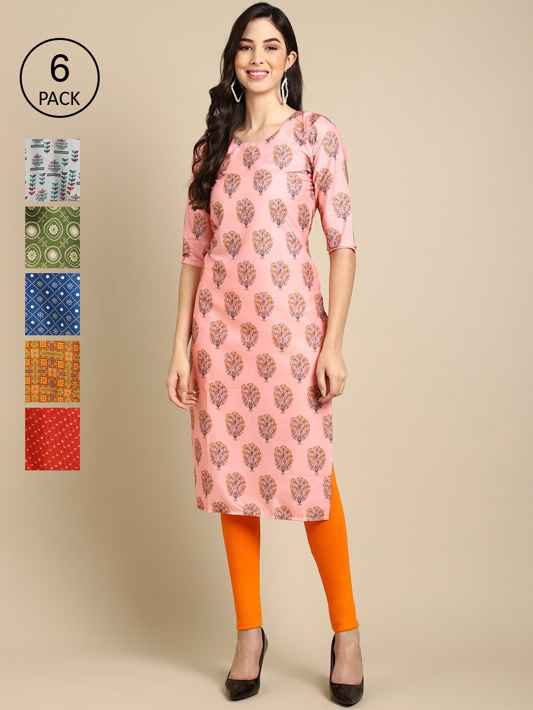 

Ethnic basket Women Set Of 6 Pink & Green Floral Printed Crepe Kurta