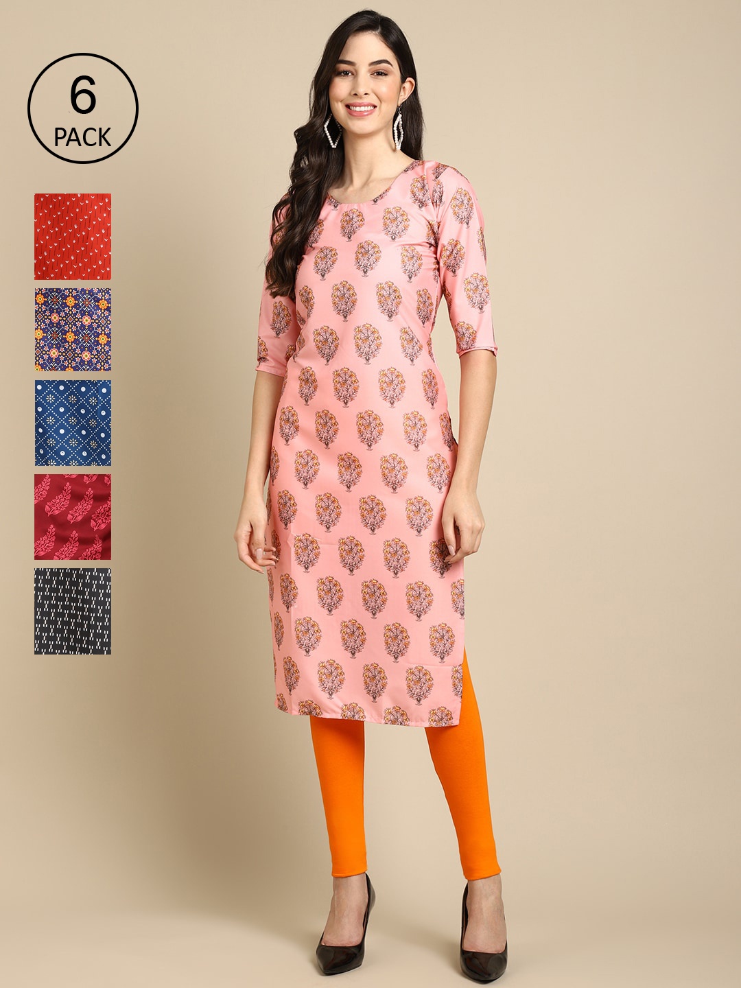 

Ethnic basket Women Pack Of 6 Multicoloured Geometric Printed Crepe Kurta, Multi