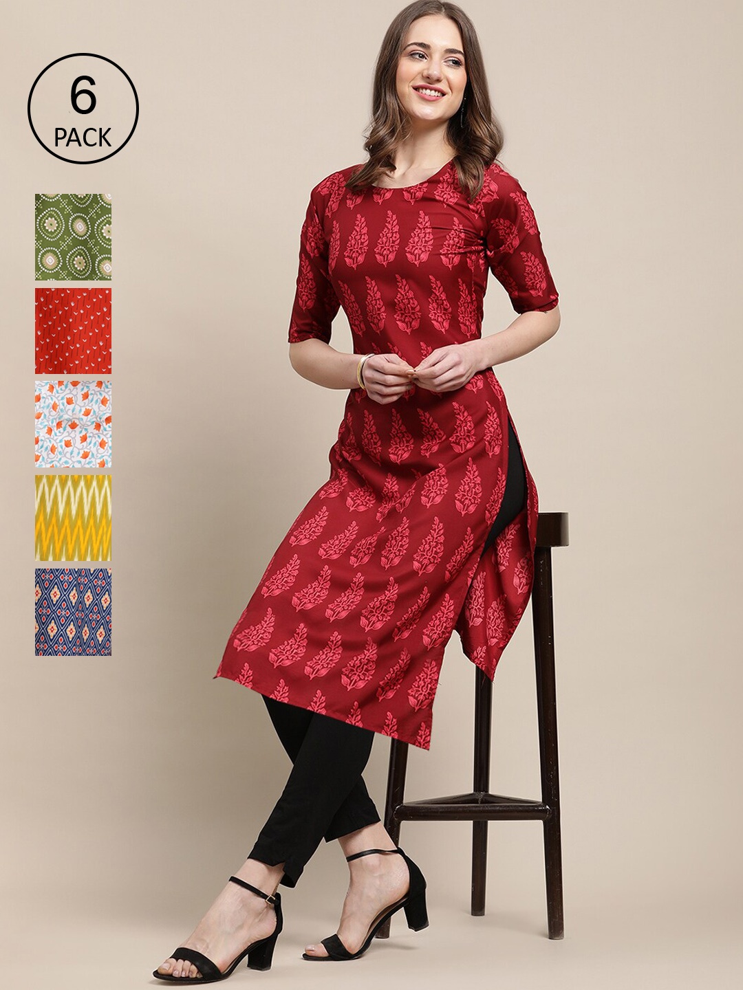 

Ethnic basket Pack Of 6 Women Red & Green Ethnic Motifs Printed Crepe Kurta