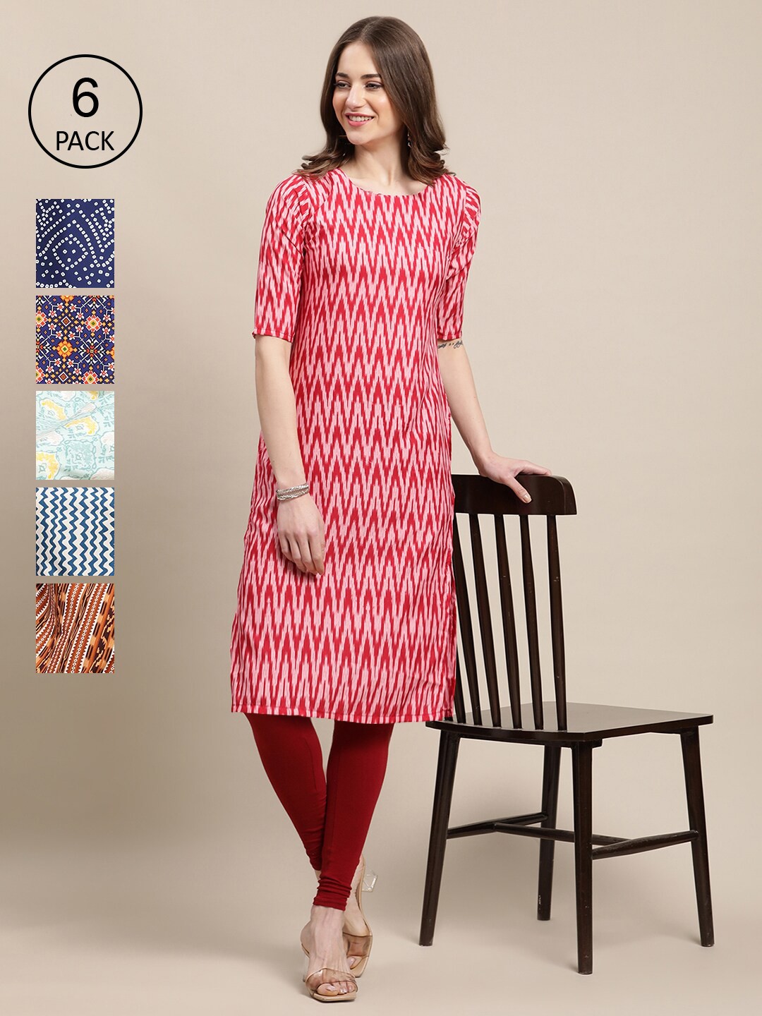

Ethnic basket Women Pack of 6 Printed Crepe Kurtas, Pink
