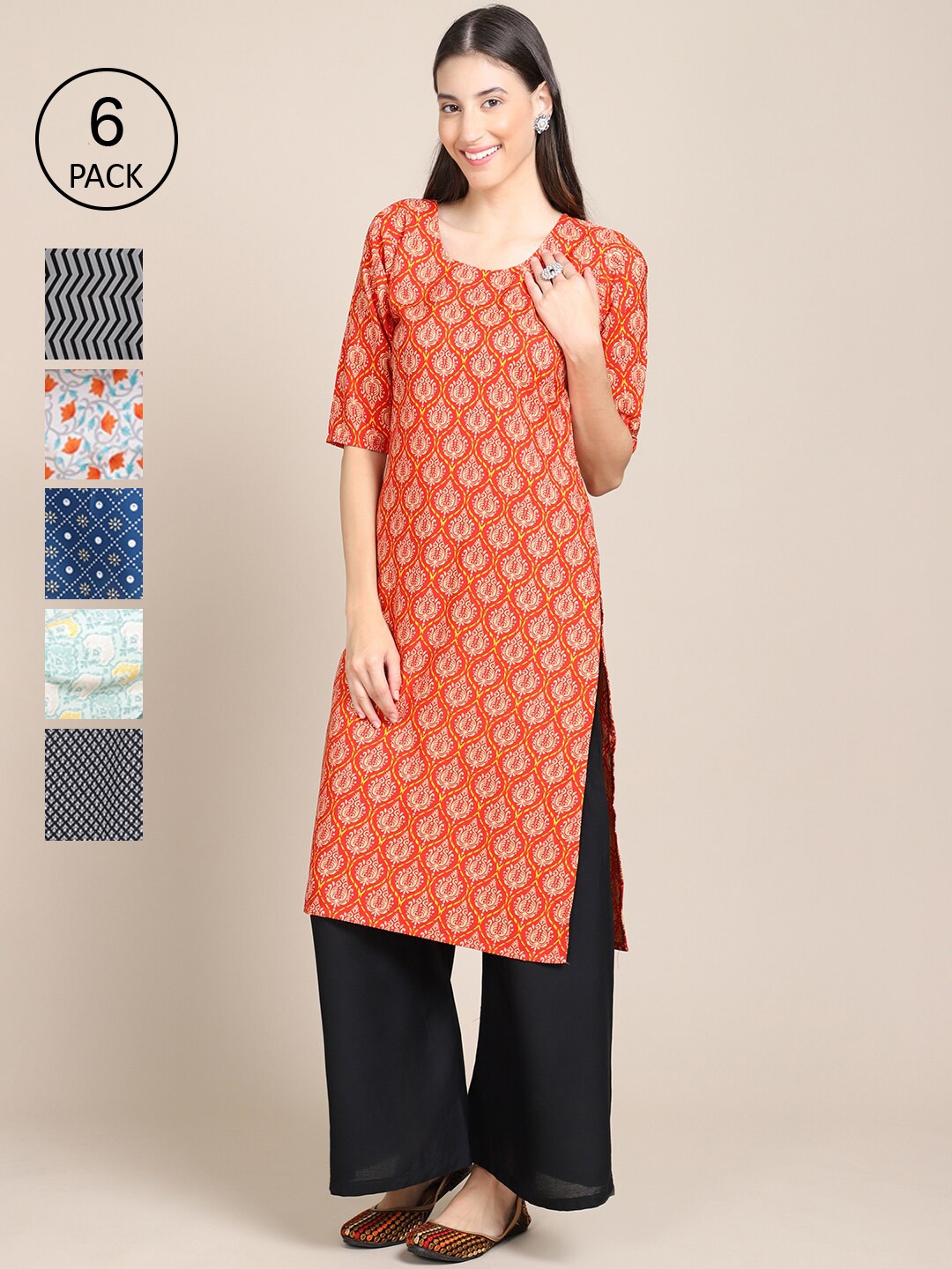 

Ethnic basket Women Pack Of 6 Printed Summer Sheers Crepe Kurta, Orange
