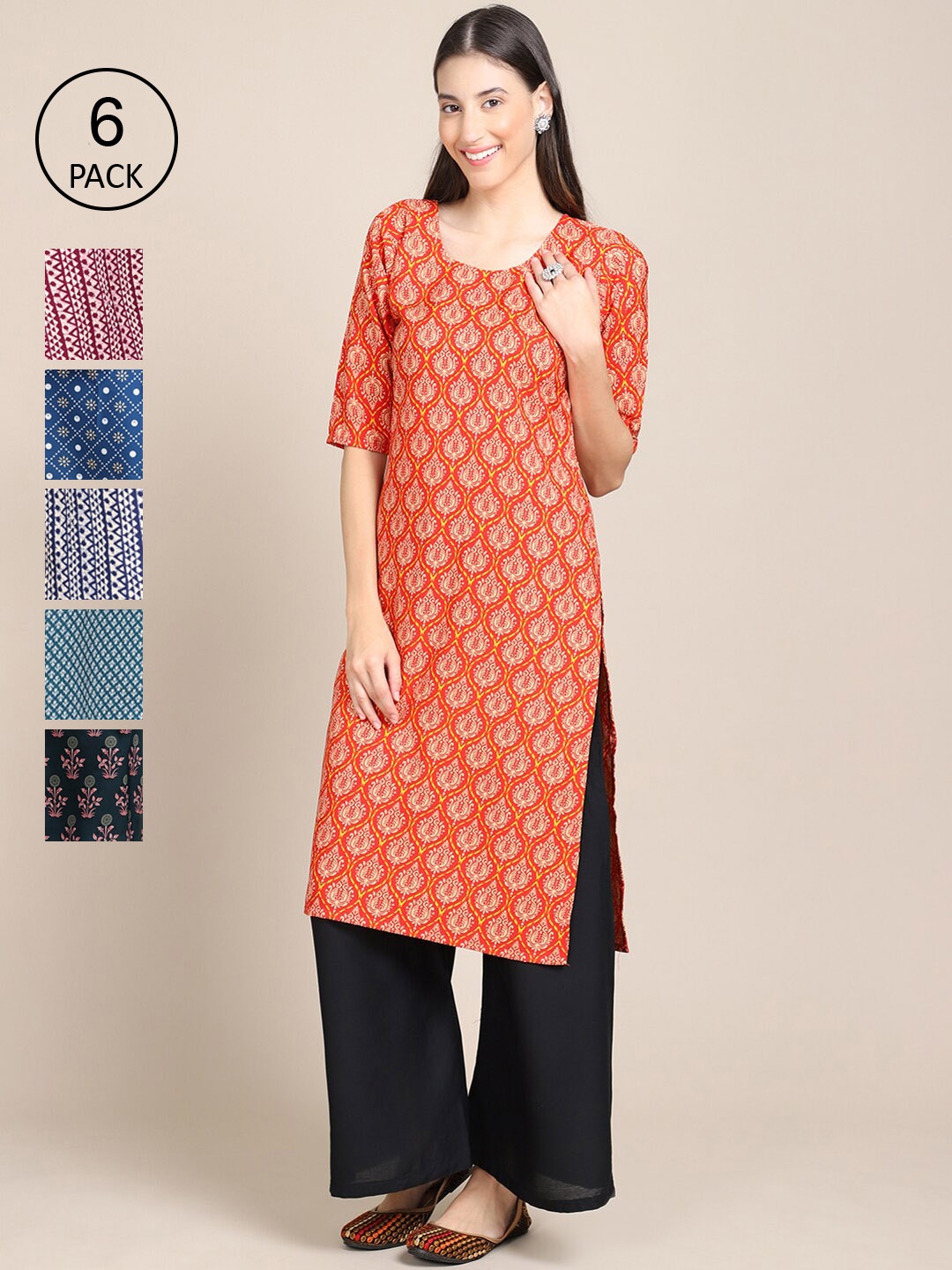 

Ethnic basket Women Pack Of 6 Printed Summer Sheers Crepe Kurta, Orange