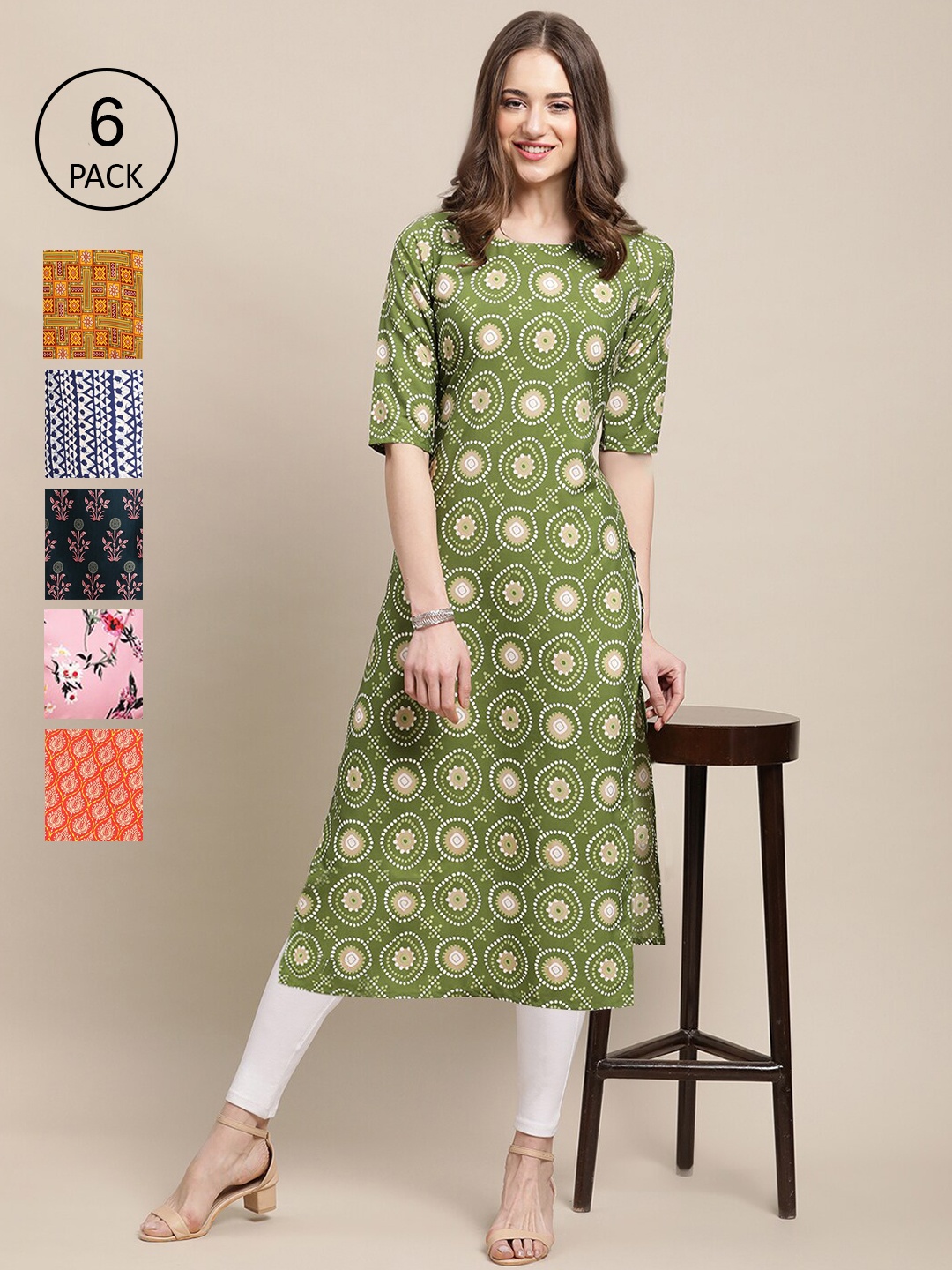 

Ethnic basket Women Pack Of 6 Printed Summer Sheers Crepe Kurta, Green