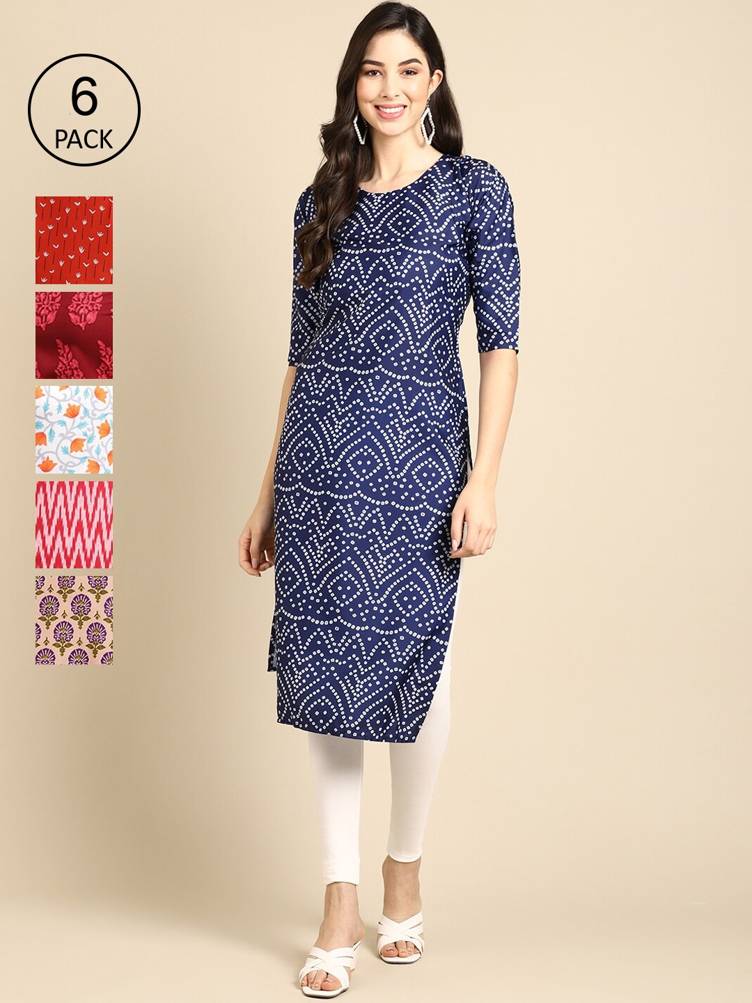 Ethnic basket Women Pack of 6 Ethnic Motifs Printed Summer Sheers Crepe Kurta, Navy blue