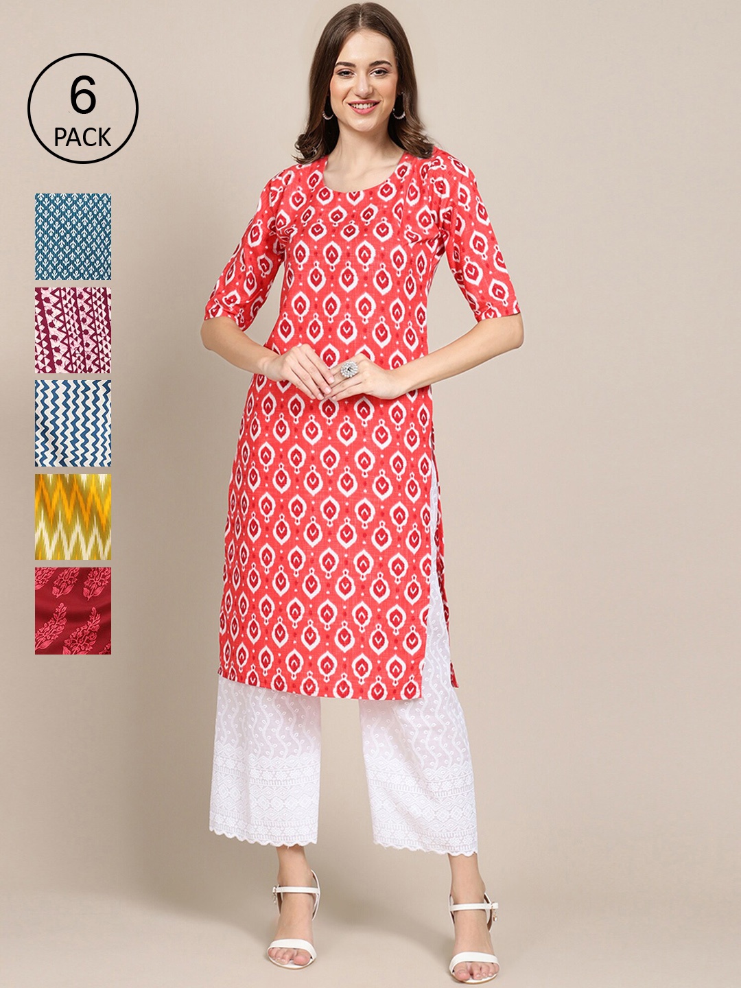 

Ethnic basket Women Geometric Printed Summer Sheers Crepe Kurta Pack of 6, Pink