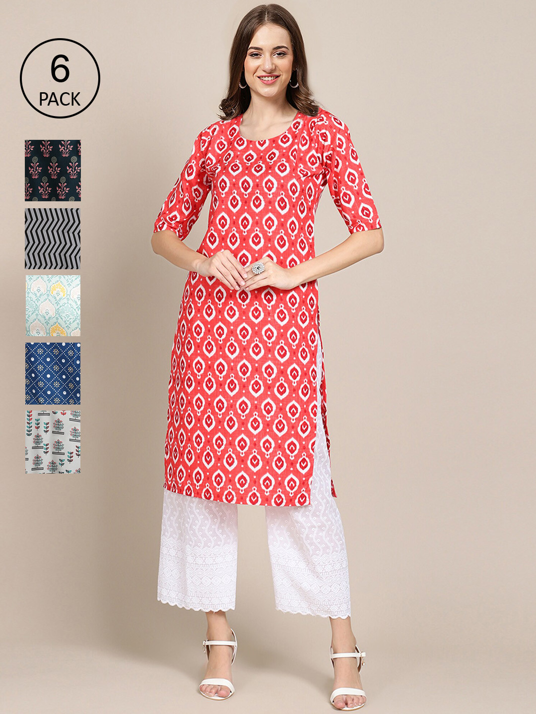 

Ethnic basket Women Pack Of 6 Geometric Printed Crepe Kurta, Multi