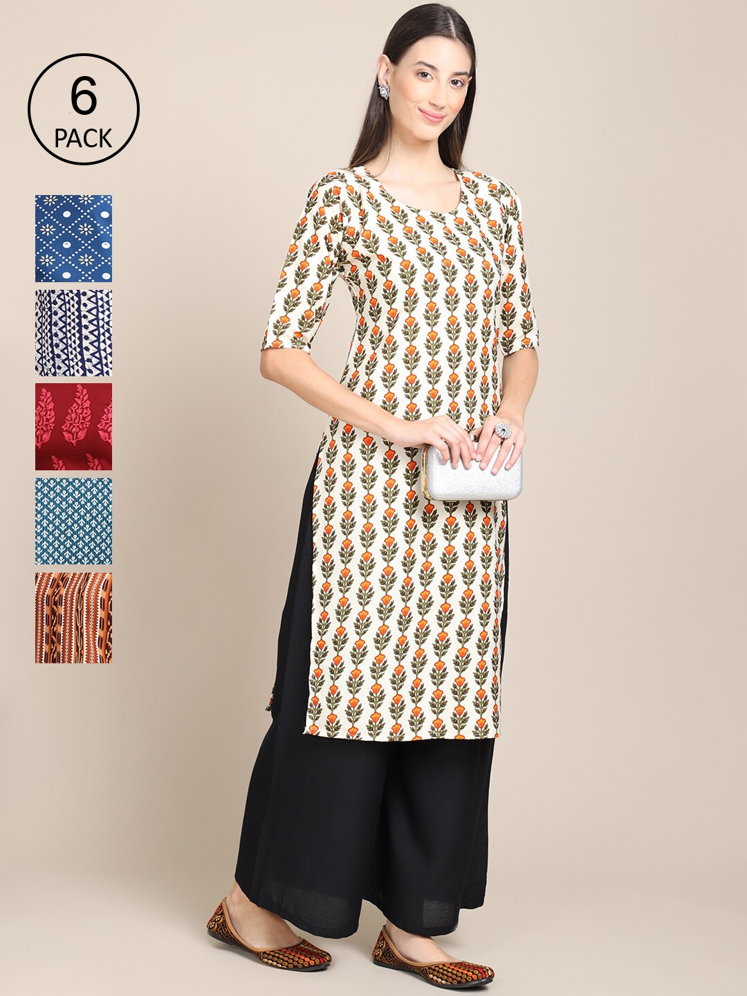 

Ethnic basket Women Pack Of 6 Geometric Printed Crepe Kurta, Multi
