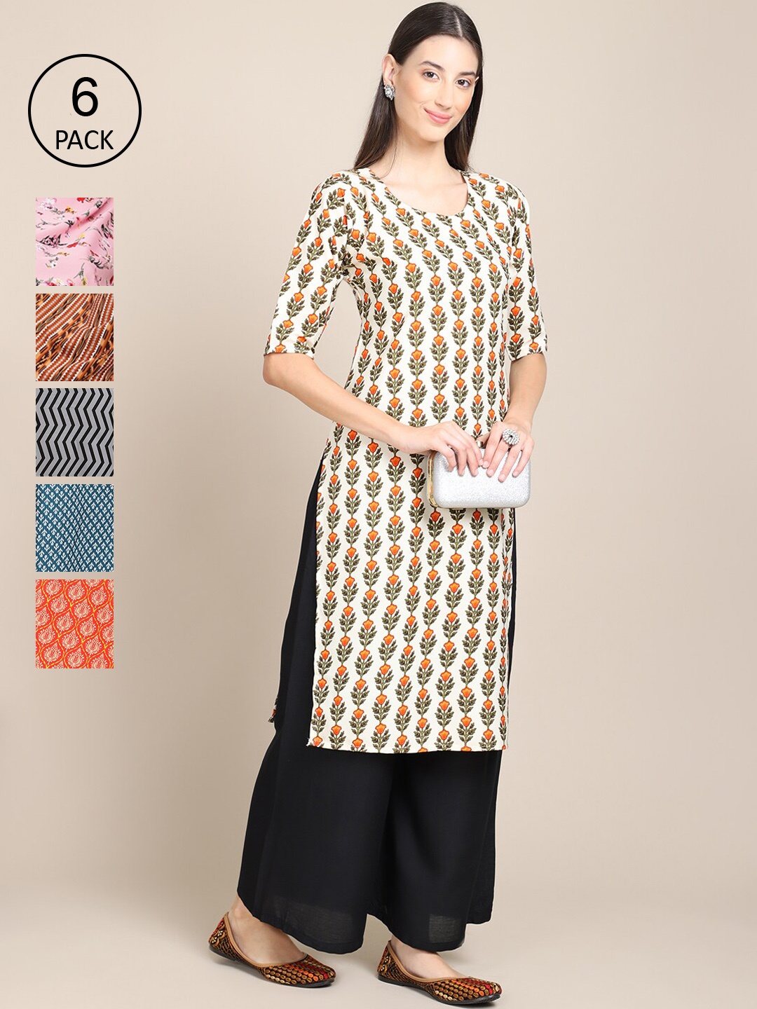 

Ethnic Basket Stylish Women's Crepe Multicolor Digital Printed Straight Kurta (Pack of 6), Multi